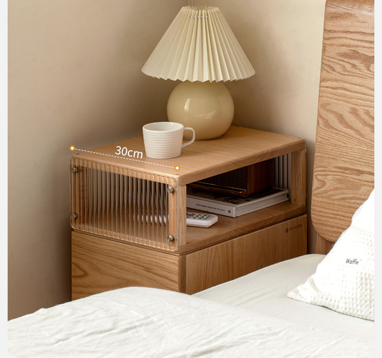 Solid Oak Wood Nightstand with Wheels and Built-in Light - Narrow Bedside Table for Small Spaces - Perfect for Bedrooms, Dorms, and Apartments