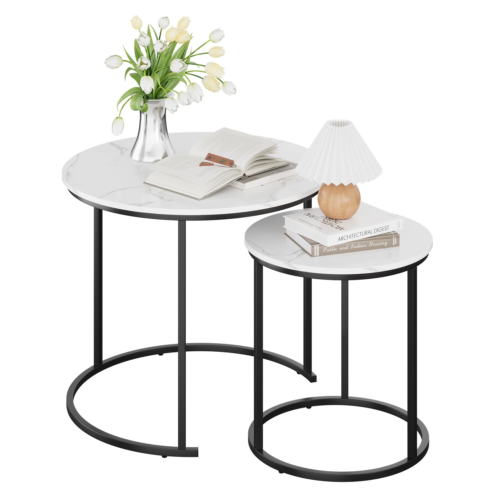 RRG Coffee Table Nesting Set of 2 - Black Frame & Round White Marble Wood Side Tables, Industrial End Tables for Living Room, Bedroom, Apartment, Balcony & Yard - Perfect for Small Spaces, Coffee Time & Home Decor