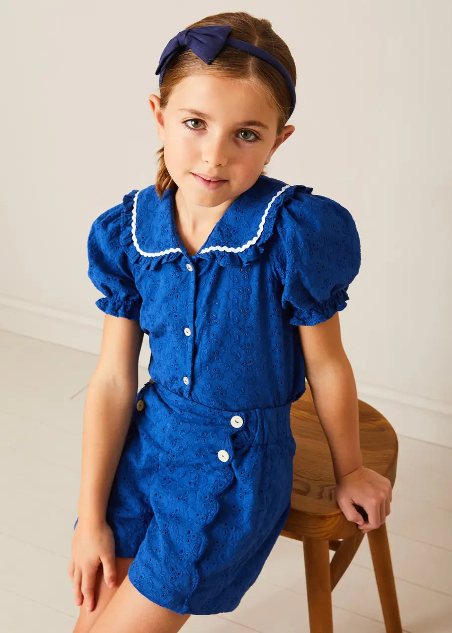 Blue Broderie Anglaise Button Detail Shorts for Girls (4-12 Years) - Perfect for Summer Outfits, Playdates, and Casual Wear