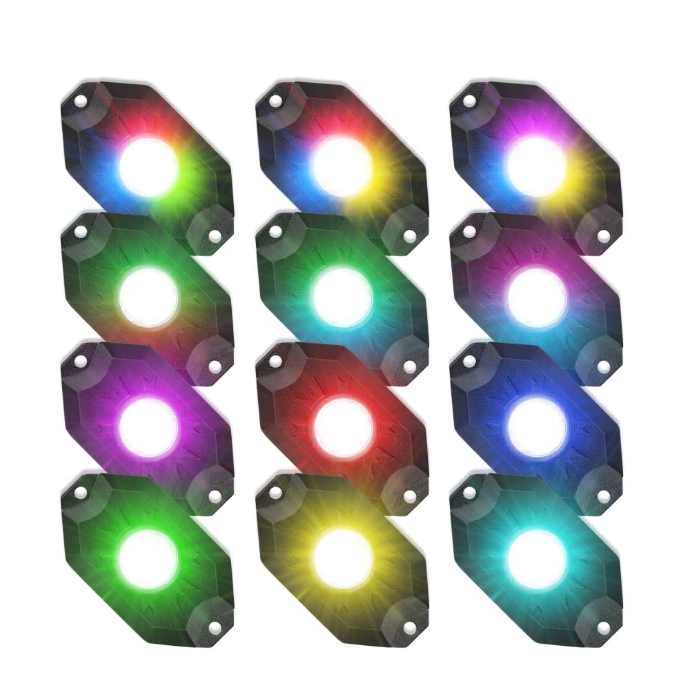 RGB LED Rock Lights 12-Pod Kit with Turn Signal, Brake & Tail Lights | Bluetooth Remote Control | 3rd Gen Wheel Neon Lights for Off-Road Trucks, SUVs, UTVs, ATVs & Motorcycles | Perfect for Night Rides, Car Shows & Off-Road Adventures