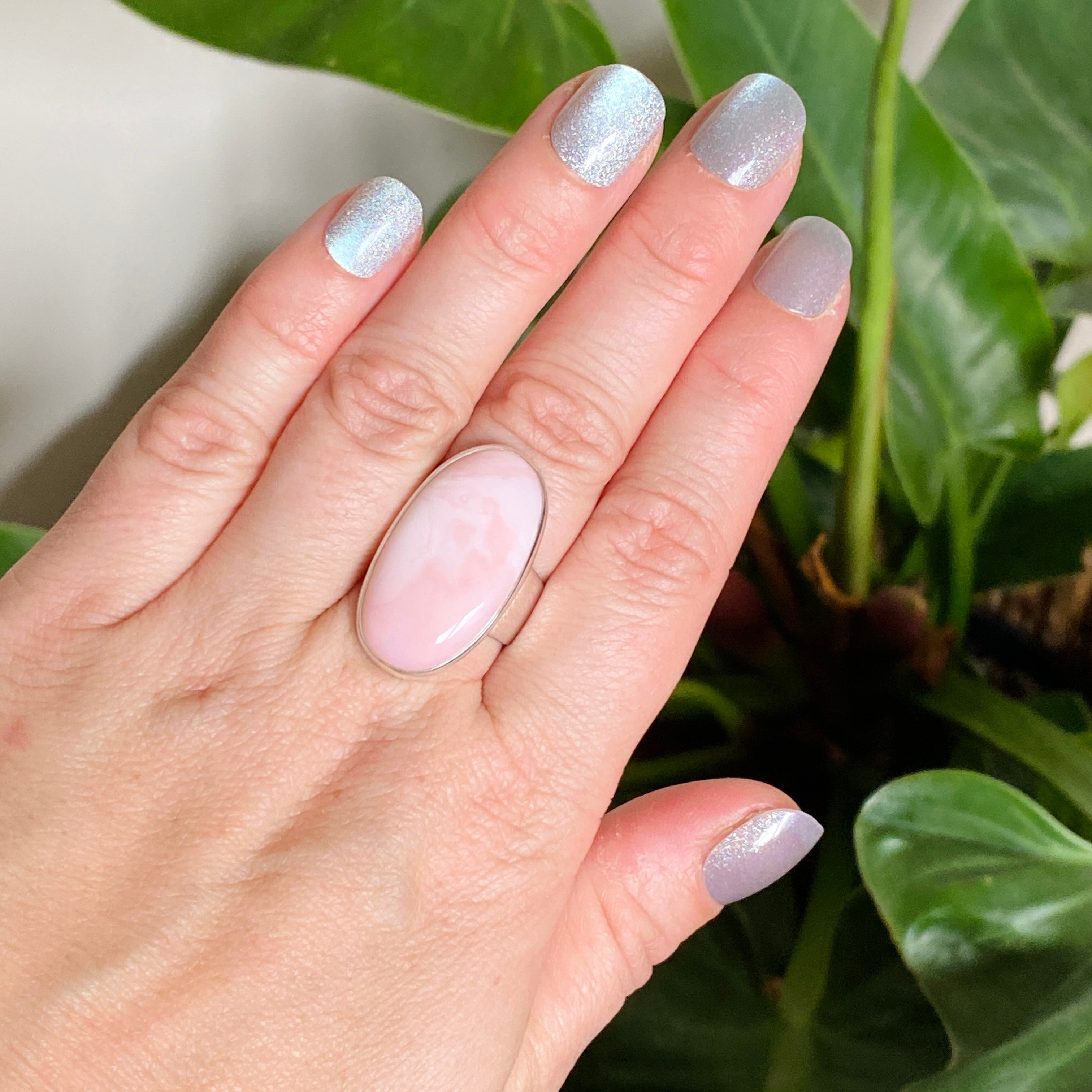 Pink Opal Oval Cabochon Ring Size 8 - Natural Gemstone Jewelry for Women - Perfect for Valentine's Day Gift & Everyday Wear KRGJ3306