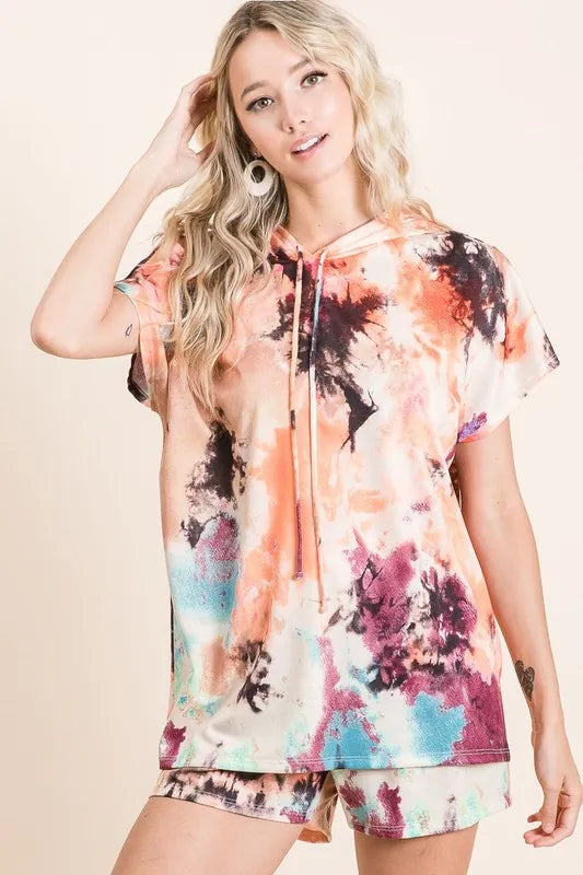 BiBi Tie Dye Terry Hoodie with Drawstring - Soft Cotton Pullover for Women | Perfect for Casual Wear, Gym, and Outdoor Activities