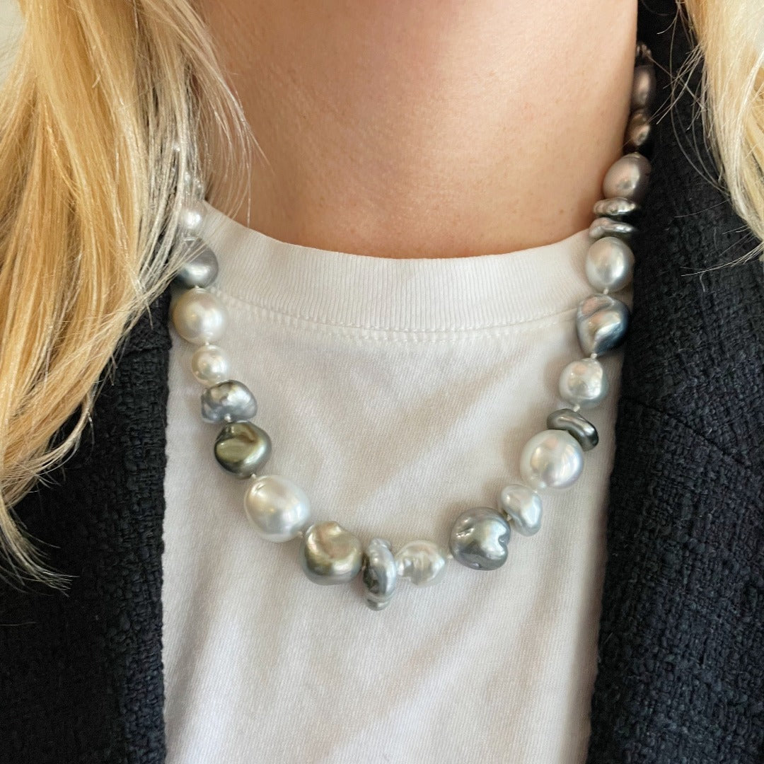 14K White Gold Tahitian & South Sea Pearl Necklace with Ball Clasp - Elegant Jewelry for Weddings, Parties & Special Occasions