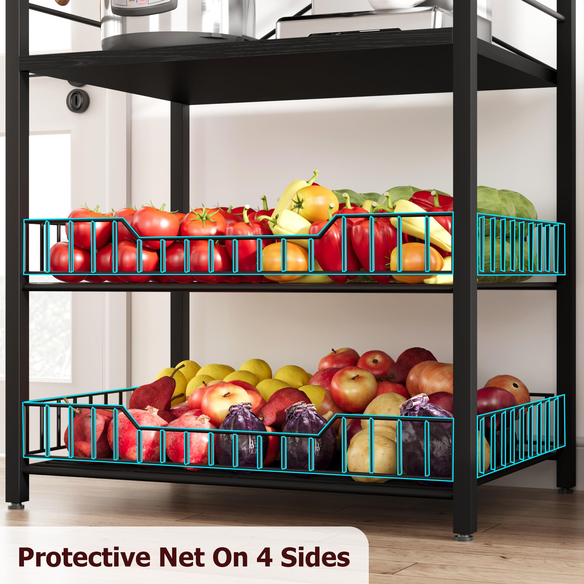 IDEALHOUSE 5-Tier Kitchen Bakers Rack with Microwave Stand - Industrial Coffee Bar Station with 2 Large Wire Baskets & 8 Hooks - Rustic Black Storage Shelf for Spices, Pots & Kitchen Organization - Perfect for Small Spaces, Apartments & Coffee Bar Setups