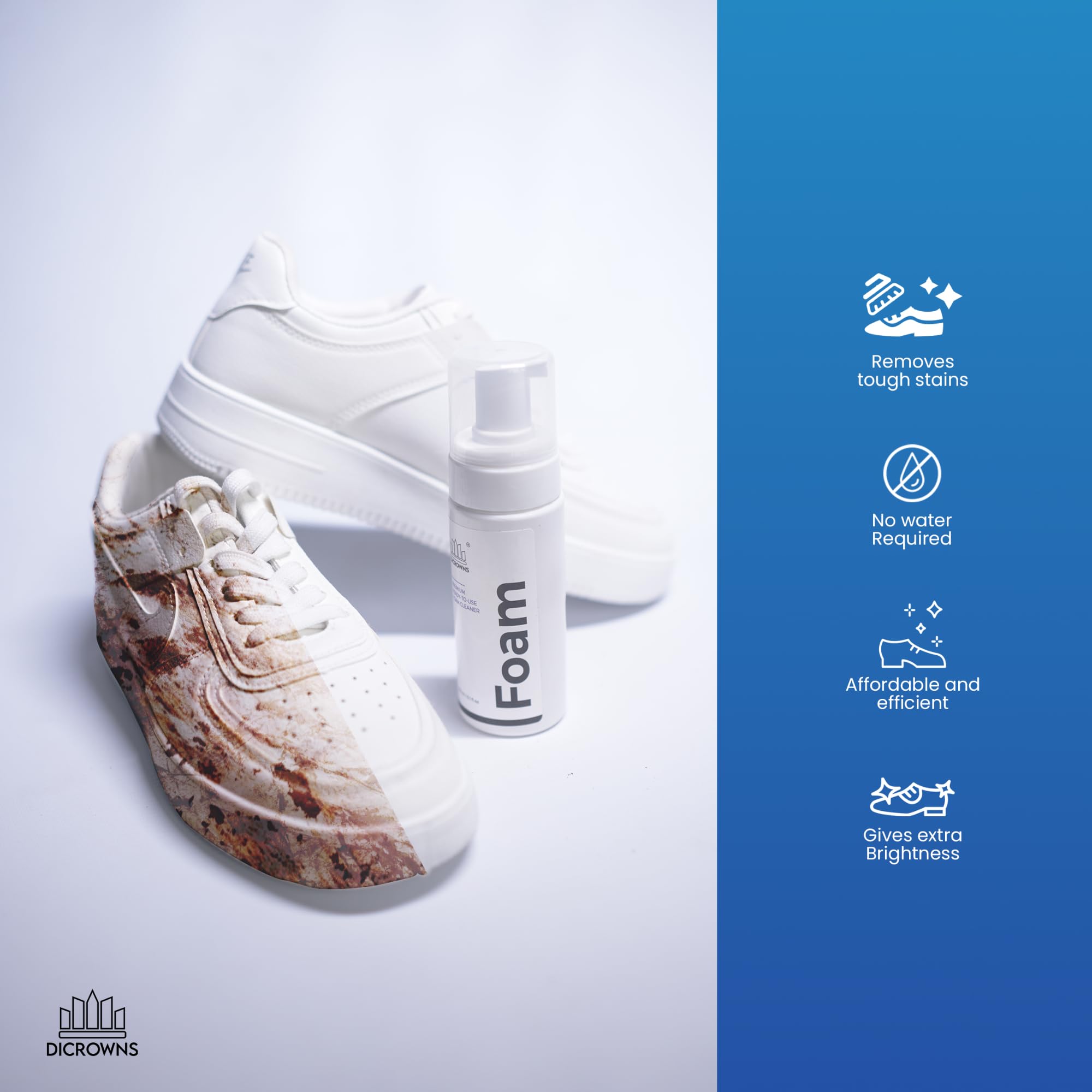 DICROWNS Shoe Cleaning Kit - 150ml Shoe Cleaning Foam Spray with All-Purpose Brush | Professional Sneaker Cleaner for Sports Shoes, Suede & Rubber | Perfect for Gym, Running & Daily Shoe Care