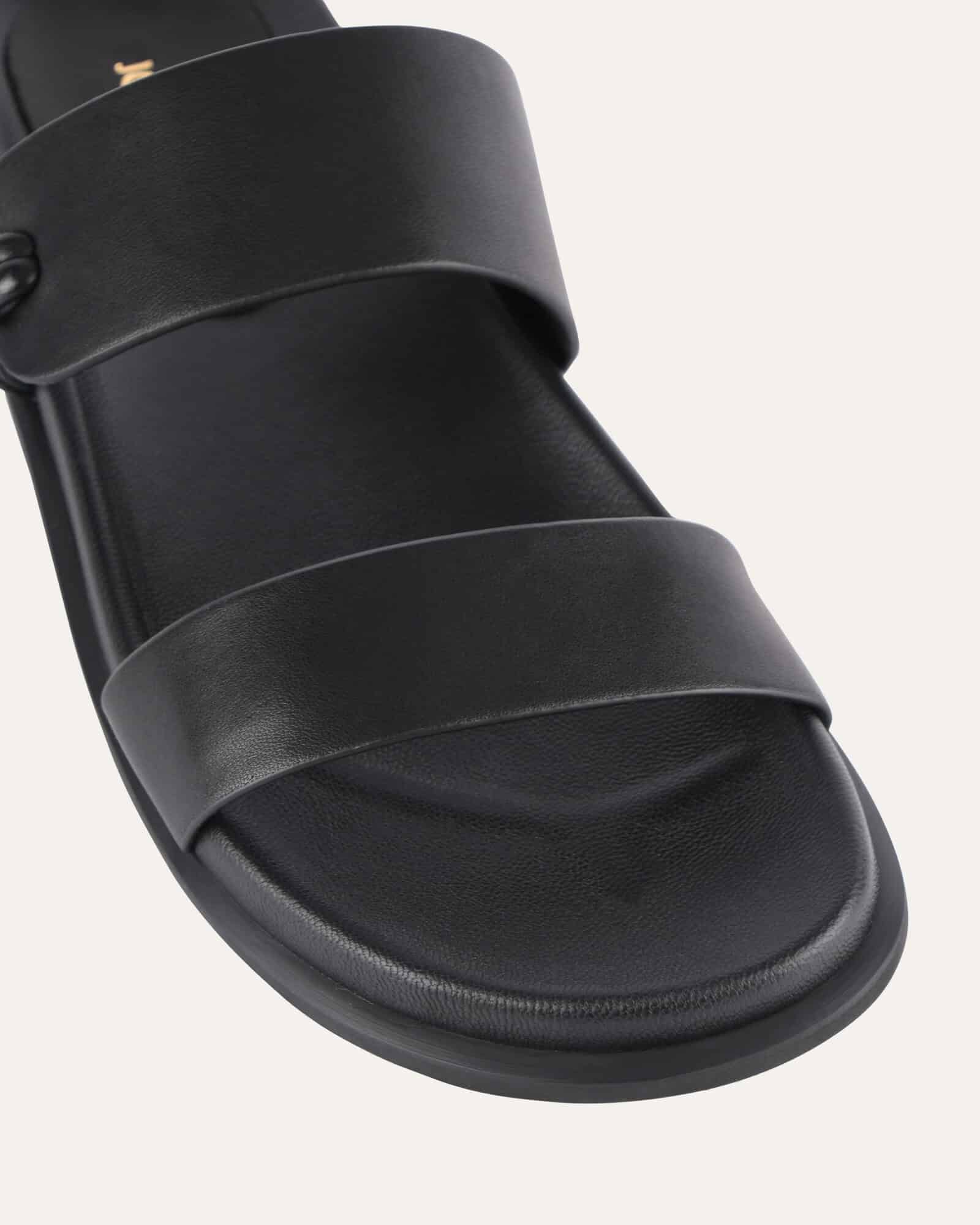 HAYES Women's Flat Sandals - Black Leather Comfortable Slip-On Casual Shoes for Summer, Beach, and Walking