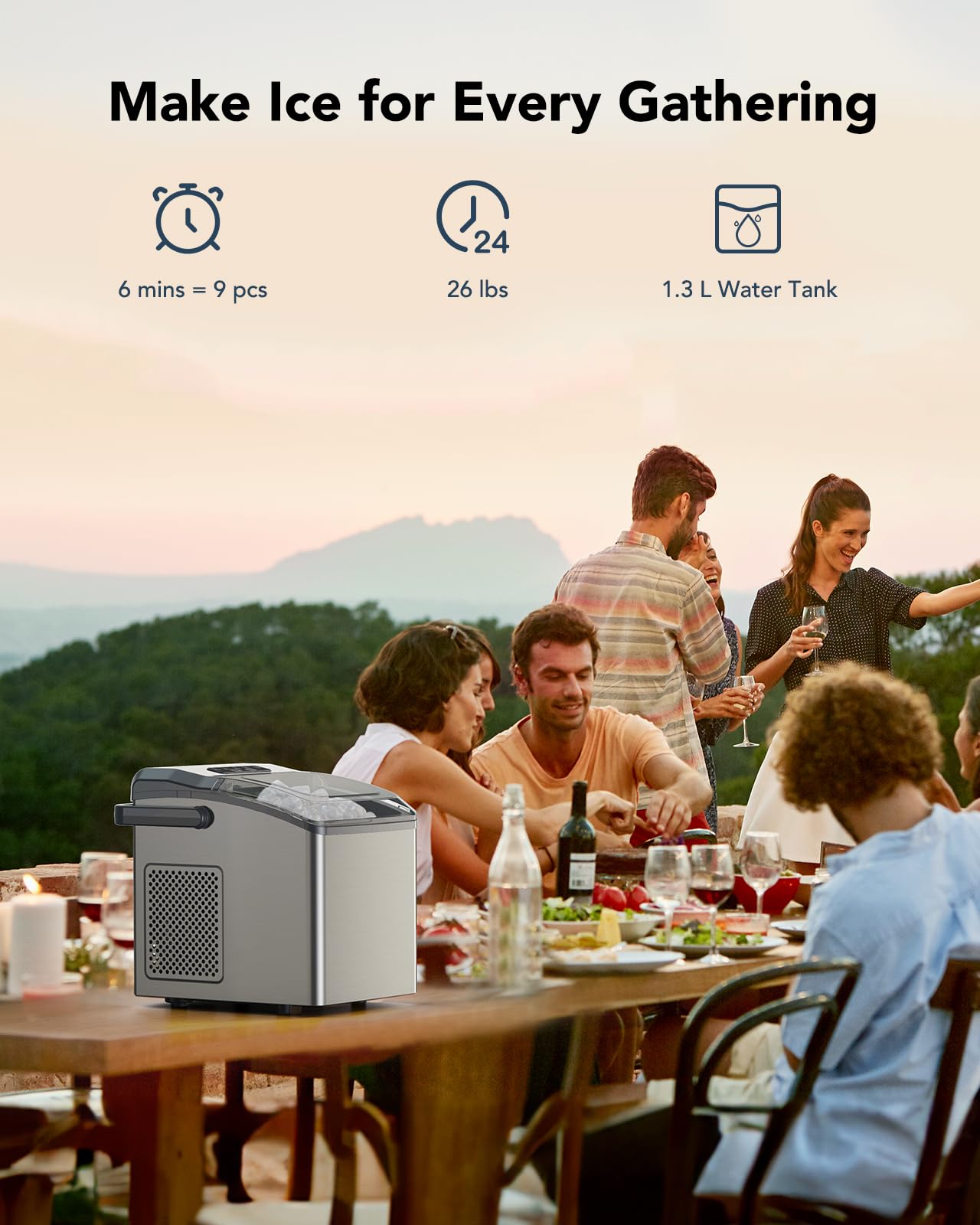 Fast 6-Minute Ice Maker Machine - 26 Lbs/24Hrs Countertop Ice Maker with 9 Bullet Ice & Self-Cleaning Function, Stainless Steel Portable Ice Maker for Home, Kitchen, Office, Party & Outdoor Use