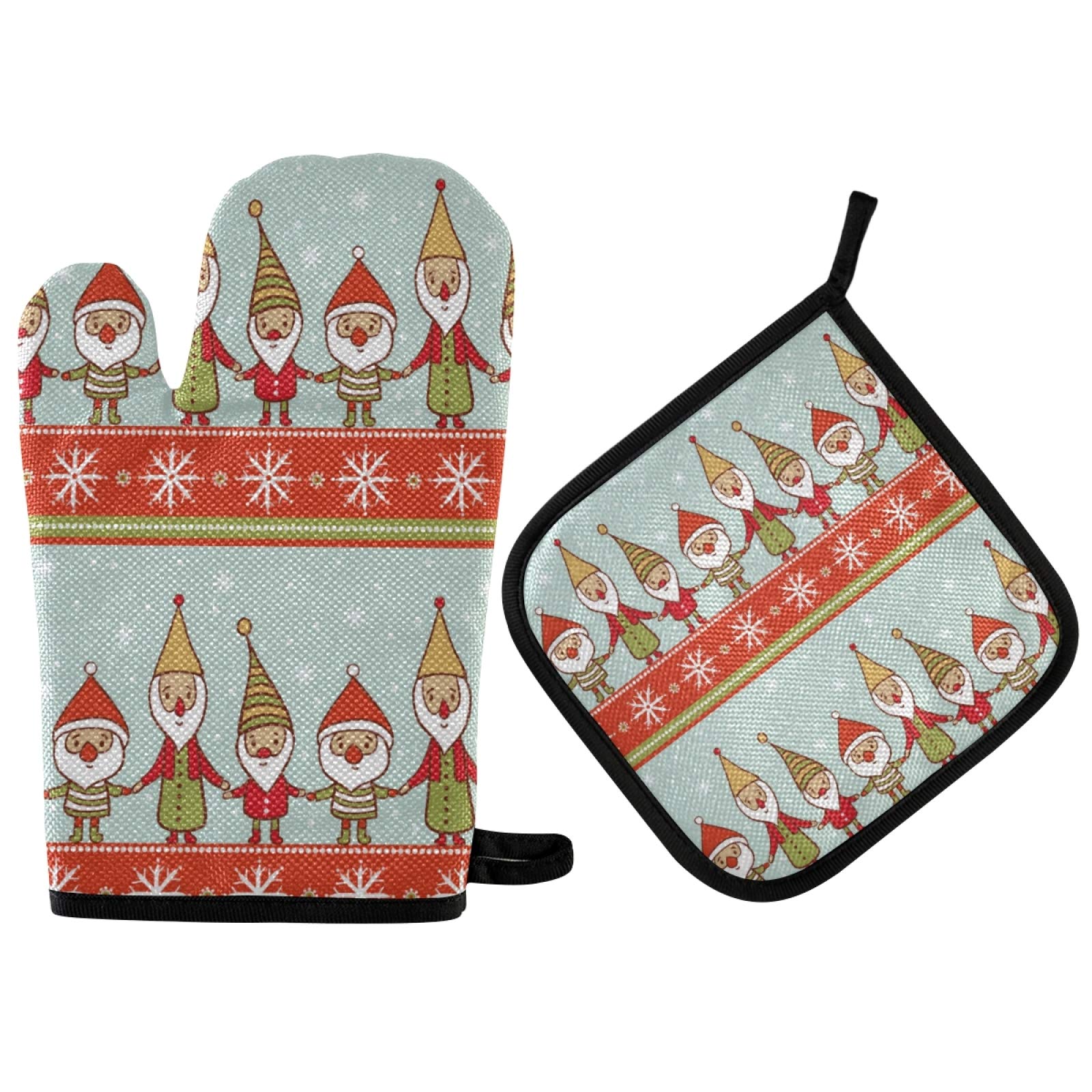 QUGRL Christmas Gnomes Santa Oven Mitts & Pot Holders Set - Heat Resistant Kitchen Gloves for Baking, Cooking, BBQ - Holiday Kitchen Accessories for Christmas Decor & Gift Giving