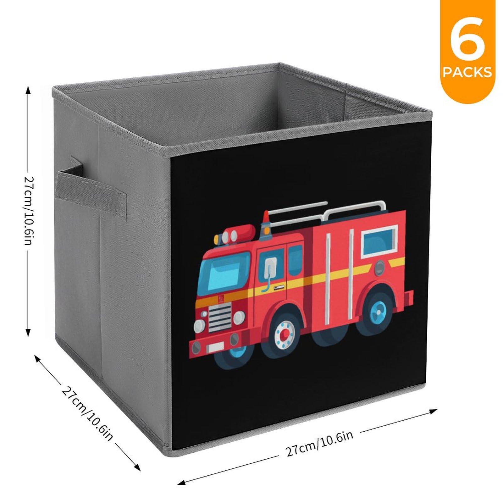 Foldable Fire Truck Storage Cubes - 6 Pack Organizer Bins with Handles for Kids Room, Playroom & Toy Storage | Square Fabric Baskets for Clothes, Books & Toys