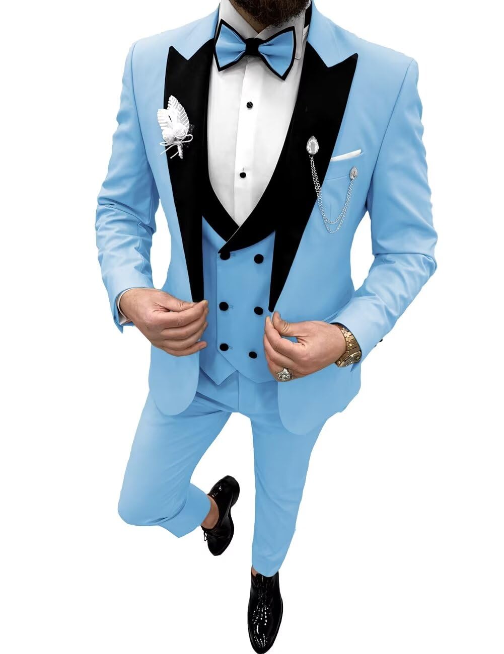 Wangyue Men's Slim Fit 3-Piece Tuxedo Suit | Formal Wedding Groomsmen Suit with Peak Lapel & Bow Tie | Perfect for Prom, Black Tie Events & Special Occasions