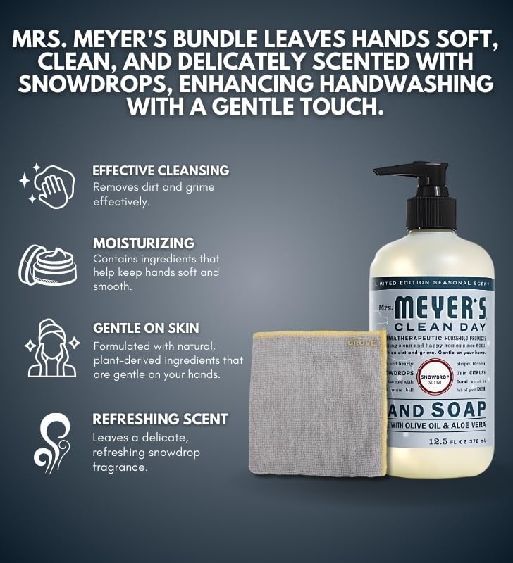 Organic Snowdrop Scent Liquid Hand Soap 12.5 oz with Aloe Vera & Essential Oils - Gentle Moisturizing Hand Wash - Bundle with Microfiber Cloth (2-Pack) - Perfect for Bathroom, Kitchen & Office Use