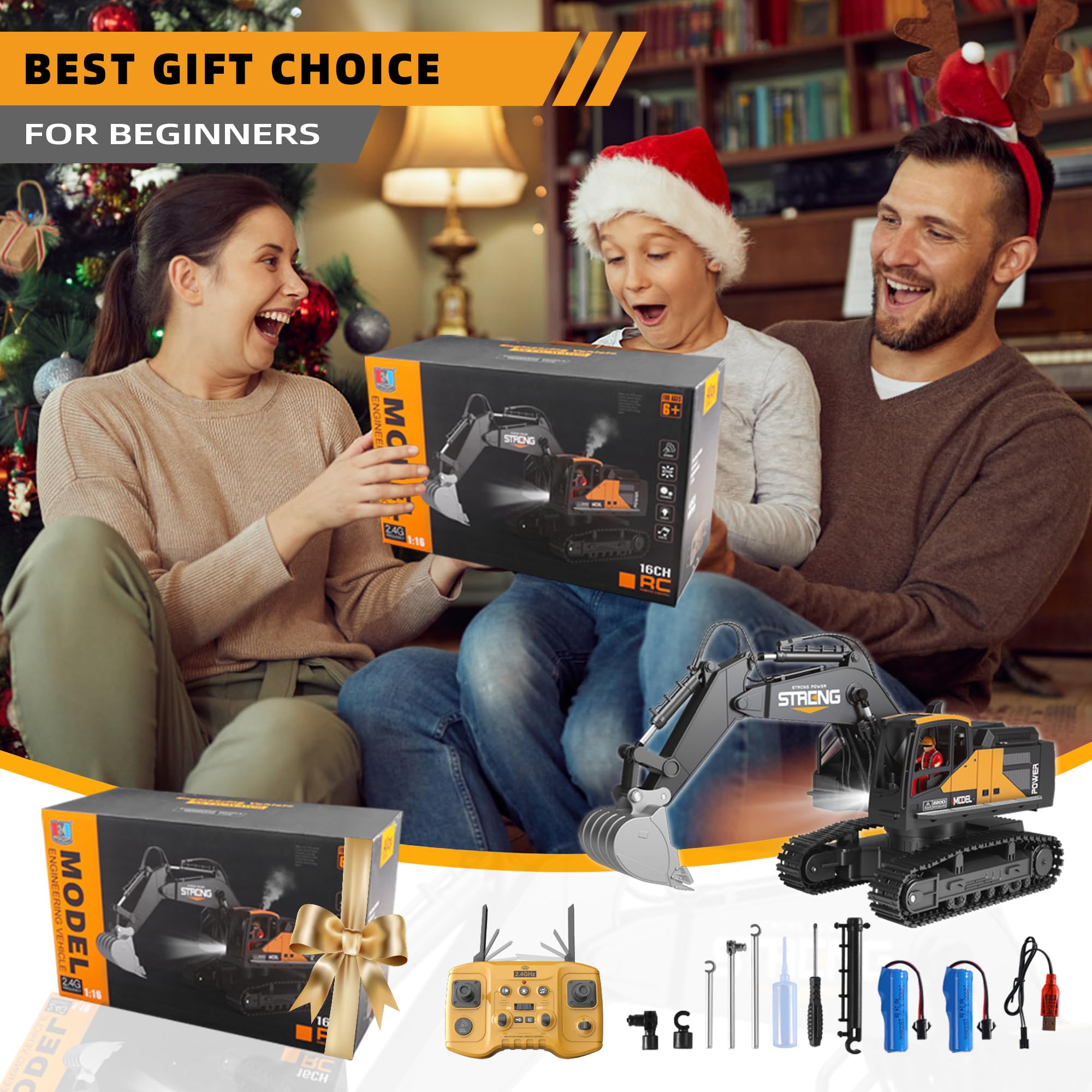 16 Channel Remote Control Excavator Toy - RC Construction Digger with Metal Head, One-Click Acceleration, Realistic Smoke/Sound/Lights - Best Gift for Boys Ages 6-12 | Outdoor Play, Construction Pretend, Birthday Present