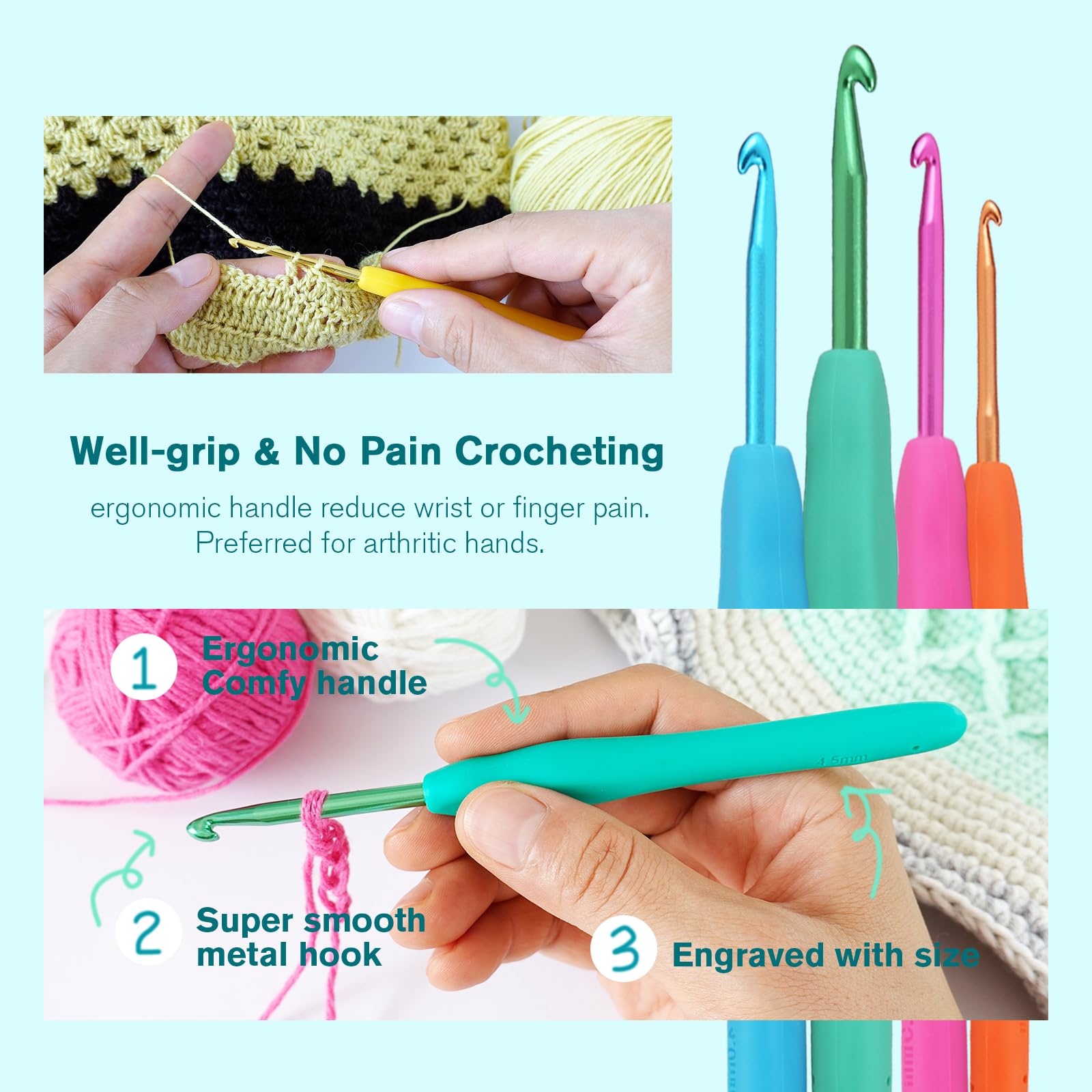 YOJOB Ergonomic Crochet Hooks Set (12 Sizes 2.0mm-8.0mm) - Soft Grip Knitting Needles with Case & Accessories for Yarn Crafts, DIY Projects & Crochet Beginners | Perfect for Blankets, Scarves & Amigurumi