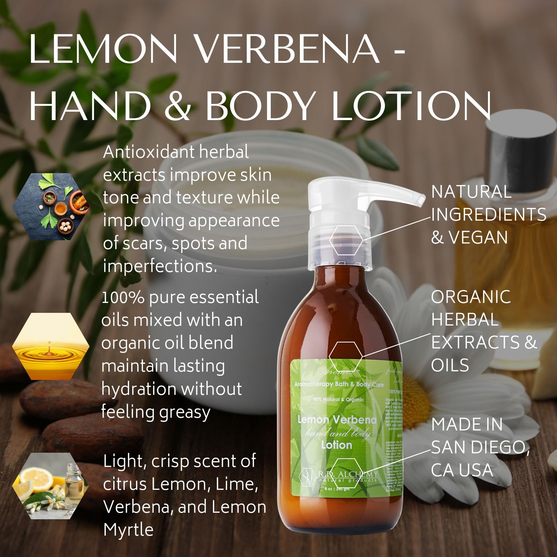 RD Alchemy - 98% Natural & Organic Lemon Verbena Hand and Body Lotion - Light Refreshing Scent for Hydration & Soothing Dry Skin - Perfect for Morning Routine, Spa Days & Gift Sets