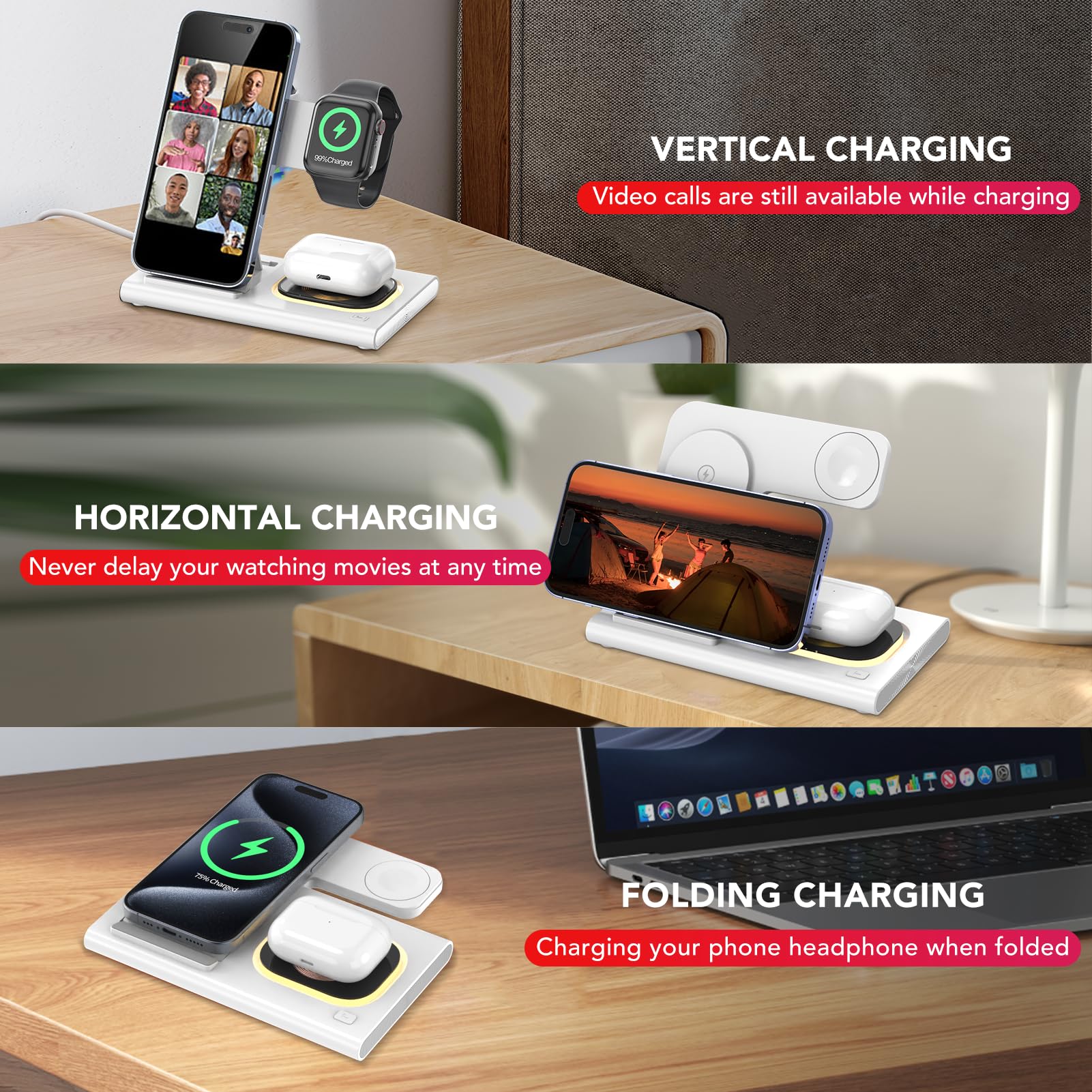 3-in-1 Foldable Wireless Charging Station for iPhone 16/15/14/13/12/11 Series, Apple Watch & AirPods 4/3/2/Pro/Pro 2 - Fast Charging Stand with Night Light (White) | Perfect for Bedside, Office & Travel Use