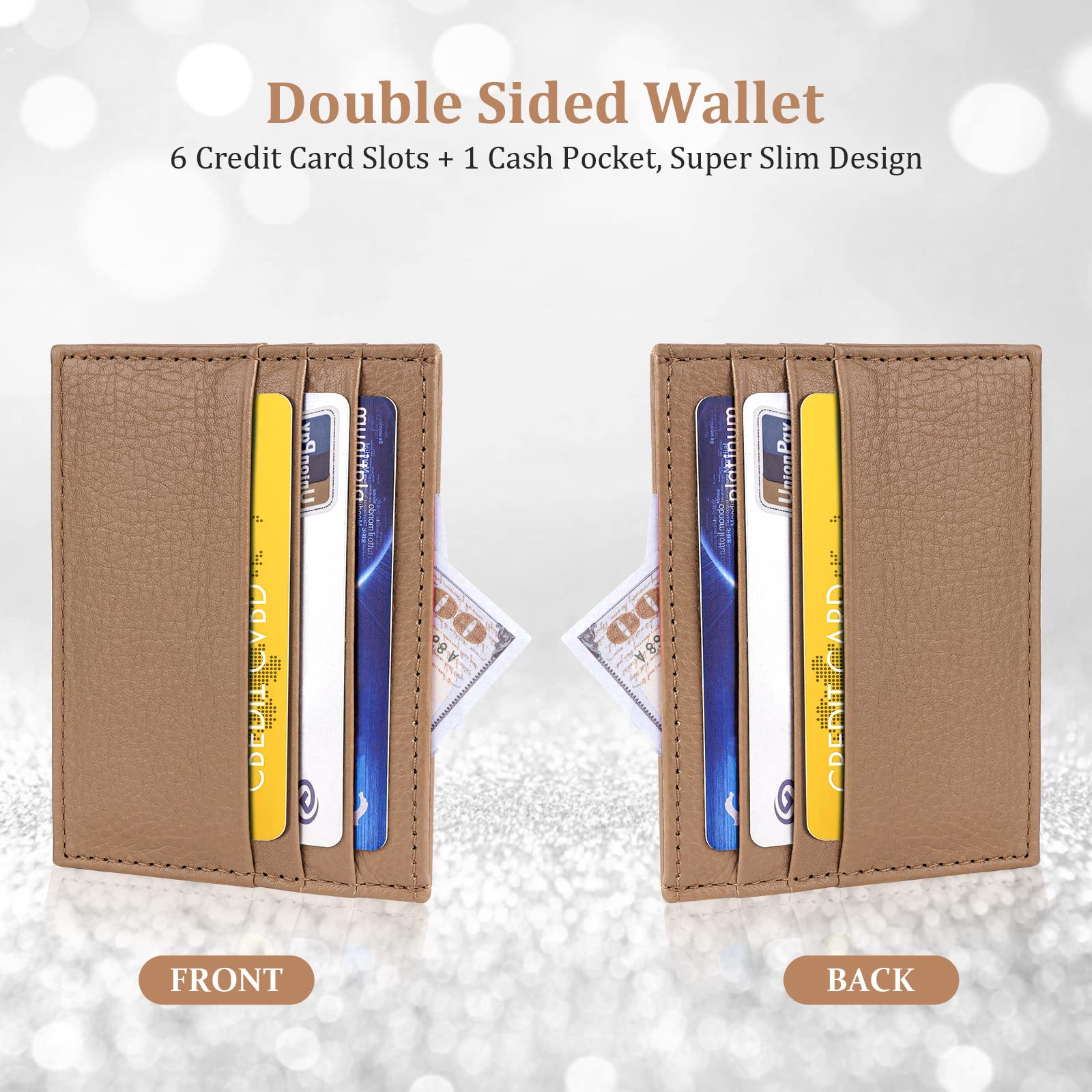 RFID Blocking Leather Credit Card Holder Wallet - Ultra Slim & Minimalist Design for Men & Women - 6 Card Slots + 1 Pocket - Front Pocket Wallet for Everyday Use & Travel (Brown)