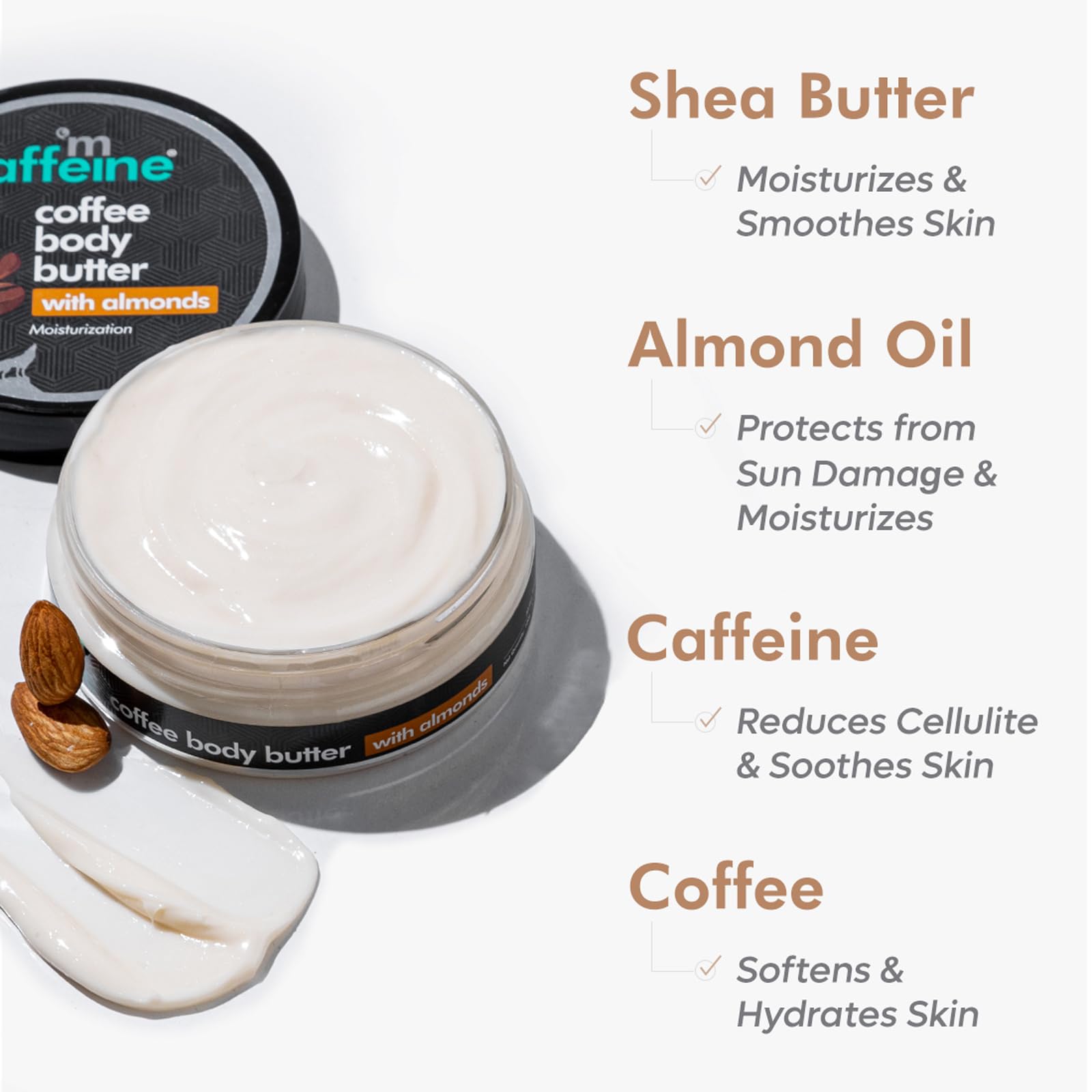 mCaffeine Coffee & Almonds Body Butter for Women - Deep Hydrating & Moisturizing Body Lotion - Smoothes & Softens Dry Skin - Improves Skin Moisture Barrier - 3.5 oz - Perfect for Daily Skincare Routine & Post-Shower Hydration