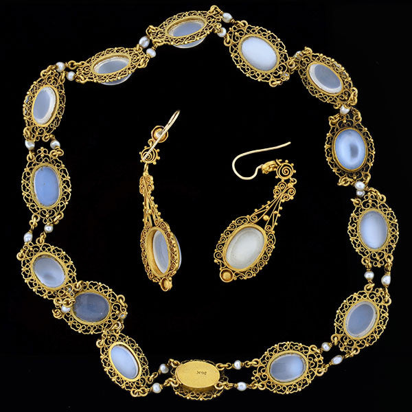 Victorian Style 14K Gold Moonstone and Pearl Filigree Jewelry Set - Elegant Earrings & Necklace for Weddings, Parties & Special Occasions