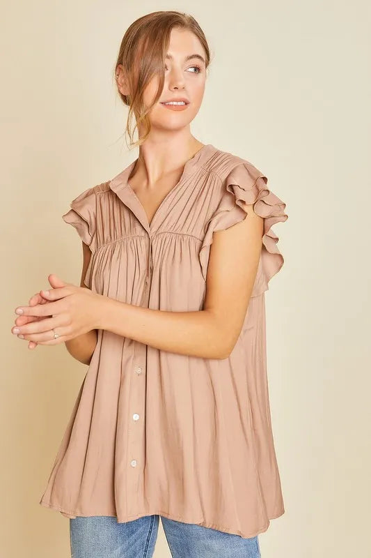 Ruffle Sleeve Shirred Flowy Woven Tunic Shirt for Women - Elegant Summer Blouse for Beach, Office & Casual Outings