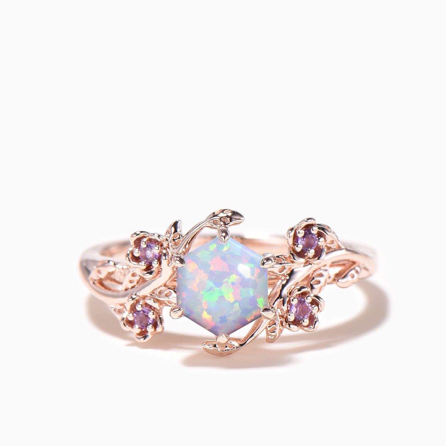 Hexagon Cut Opal Leaf Engagement Ring - Amethyst Floral Nature Inspired Wedding Band for Women - Perfect for Nature Lovers, Boho Brides & Outdoor Ceremonies