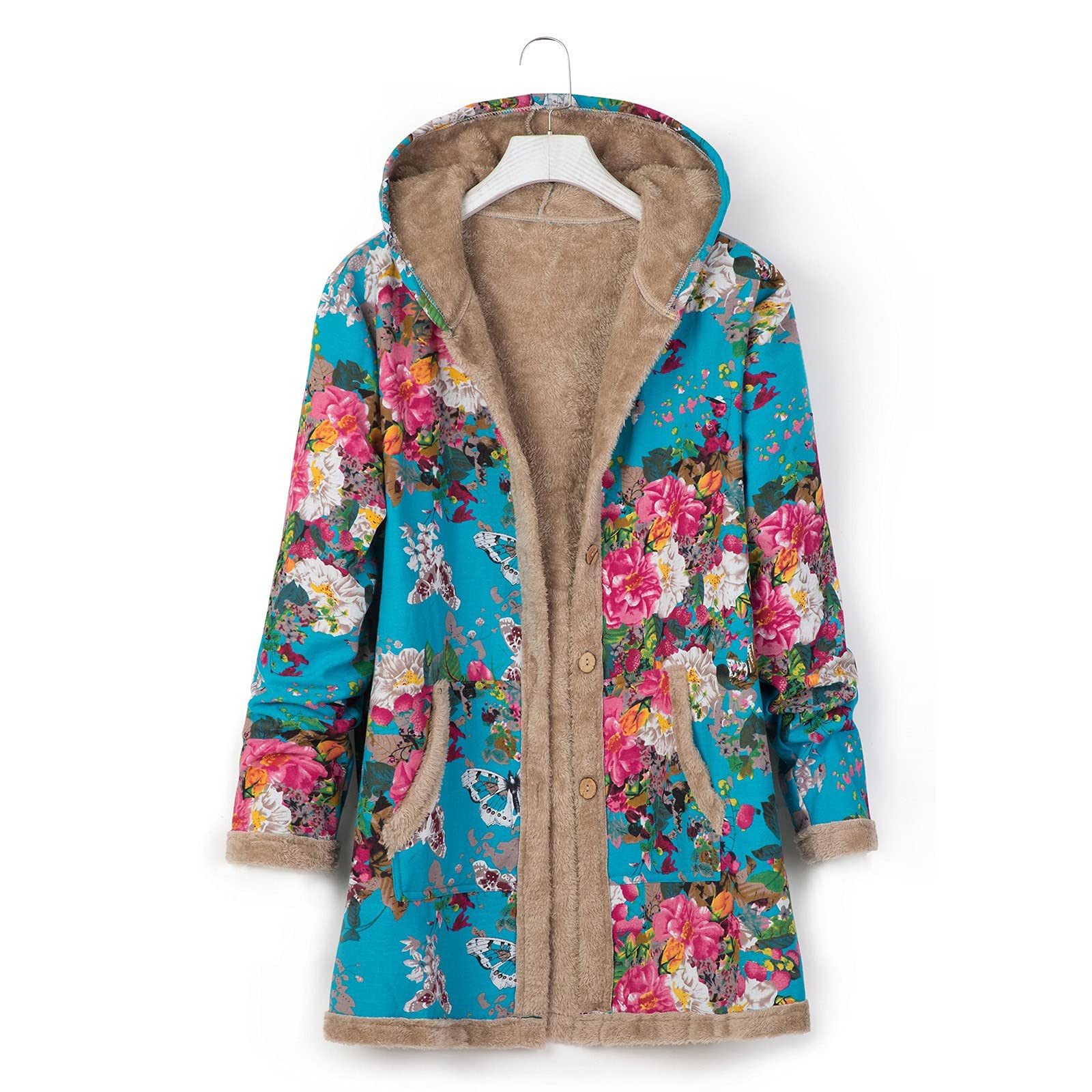 Women's Vintage Print Fuzzy Fleece Lined Hooded Jacket - Long Sleeve Thick Warm Winter Coat for Outdoor Activities, Hiking & Casual Wear