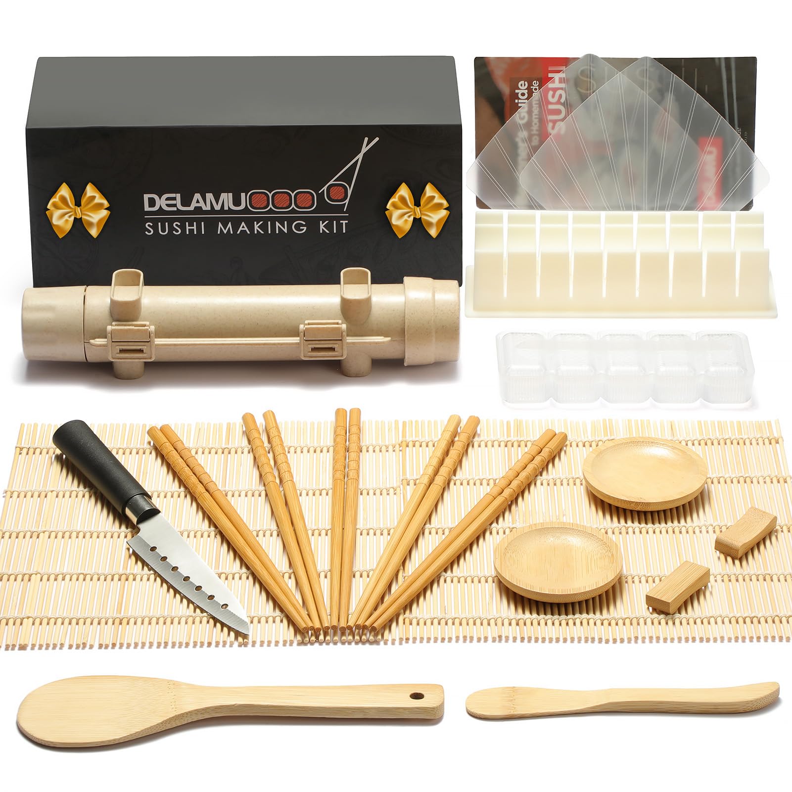 Delamu 20-in-1 Sushi Making Kit with Bamboo Mat, Chef Knife & Accessories - Complete DIY Sushi Roller Set for Home Chefs | Perfect for Parties, Date Nights & Japanese Cooking Enthusiasts