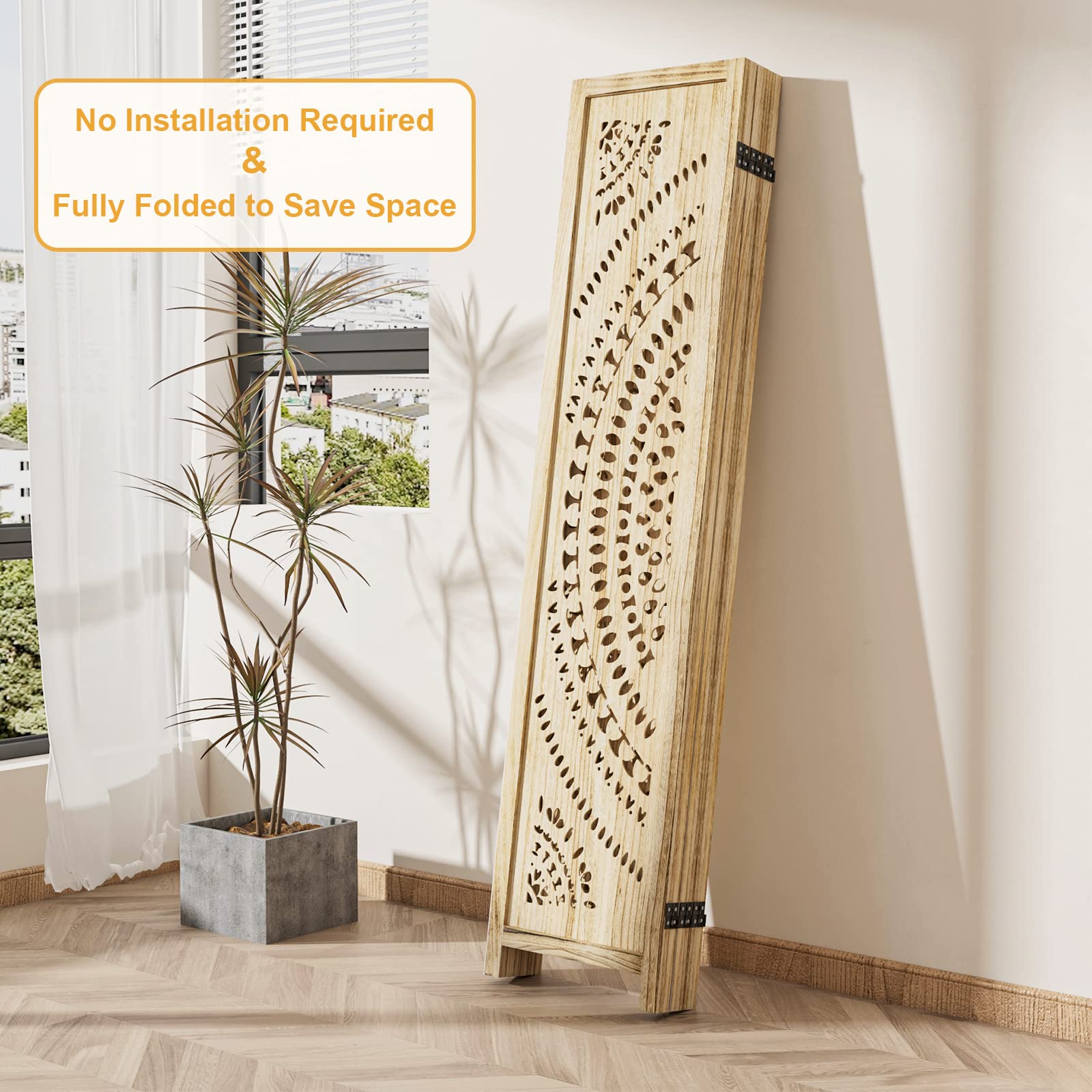 3 Panel Wood Folding Room Divider Screen - 66.9 Inch Privacy Partition for Living Room, Bedroom & Office - Natural Finish, No Assembly Required - Perfect for Home Decor, Space Separation & Room Dividers