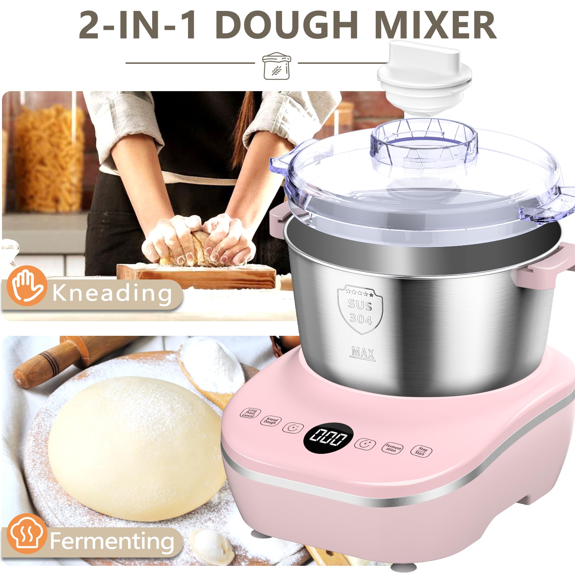 7L (7.3Qt) Electric Dough Mixer with Ferment Function - 304 Stainless Steel Stand Mixer for Bread, Pizza, Pastry, Dumpling & Roti Dough - Perfect for Home Baking & Christmas Gifts - Ideal for Kitchens, Bakeries & Holiday Cooking