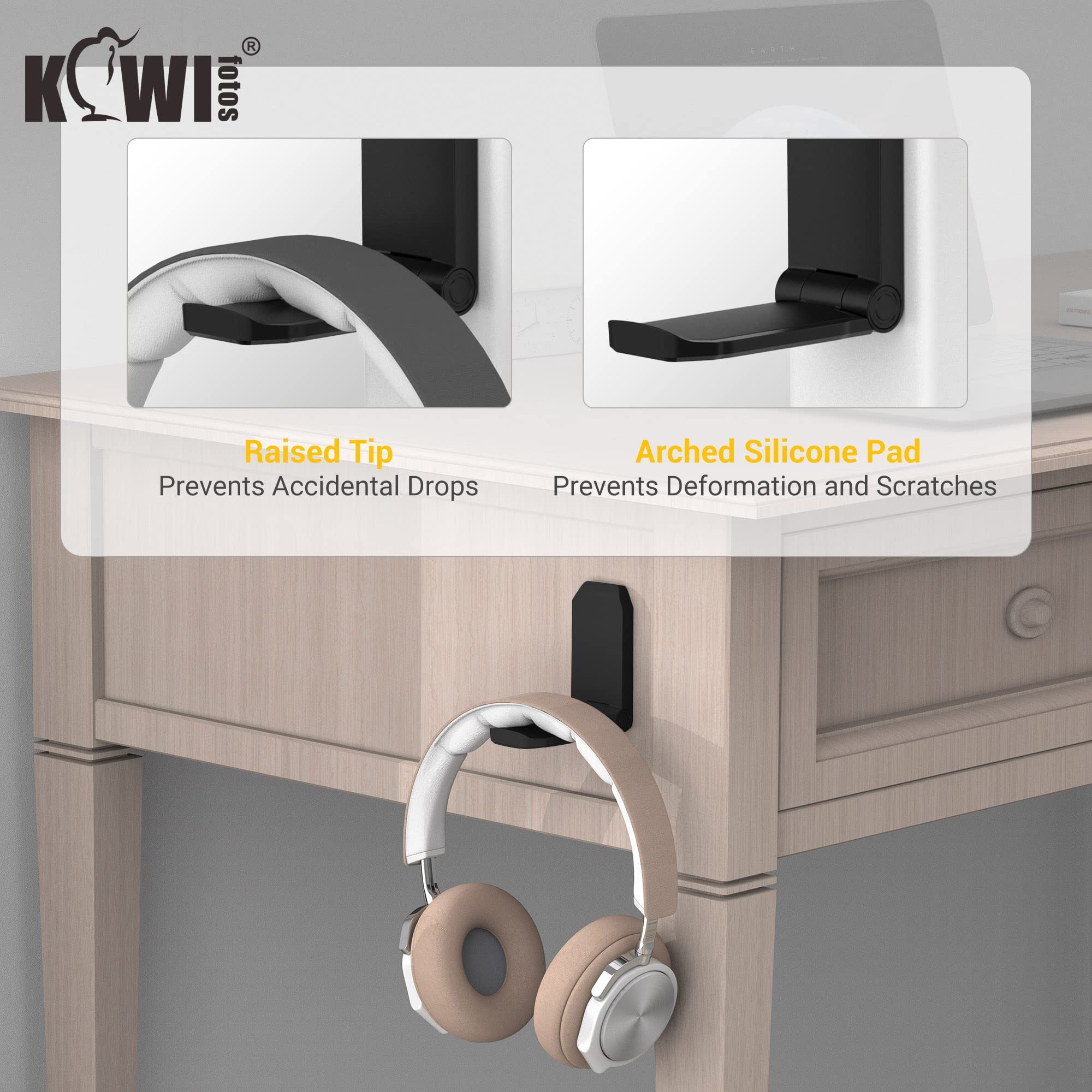 KIWIFOTOS 2 Pack Adhesive Headphone Hanger - Under Desk & Wall Mount Headset Holder for Gaming, Office & Home Use - Foldable Hook Stand for PC, PS5, Xbox Accessories (Black)