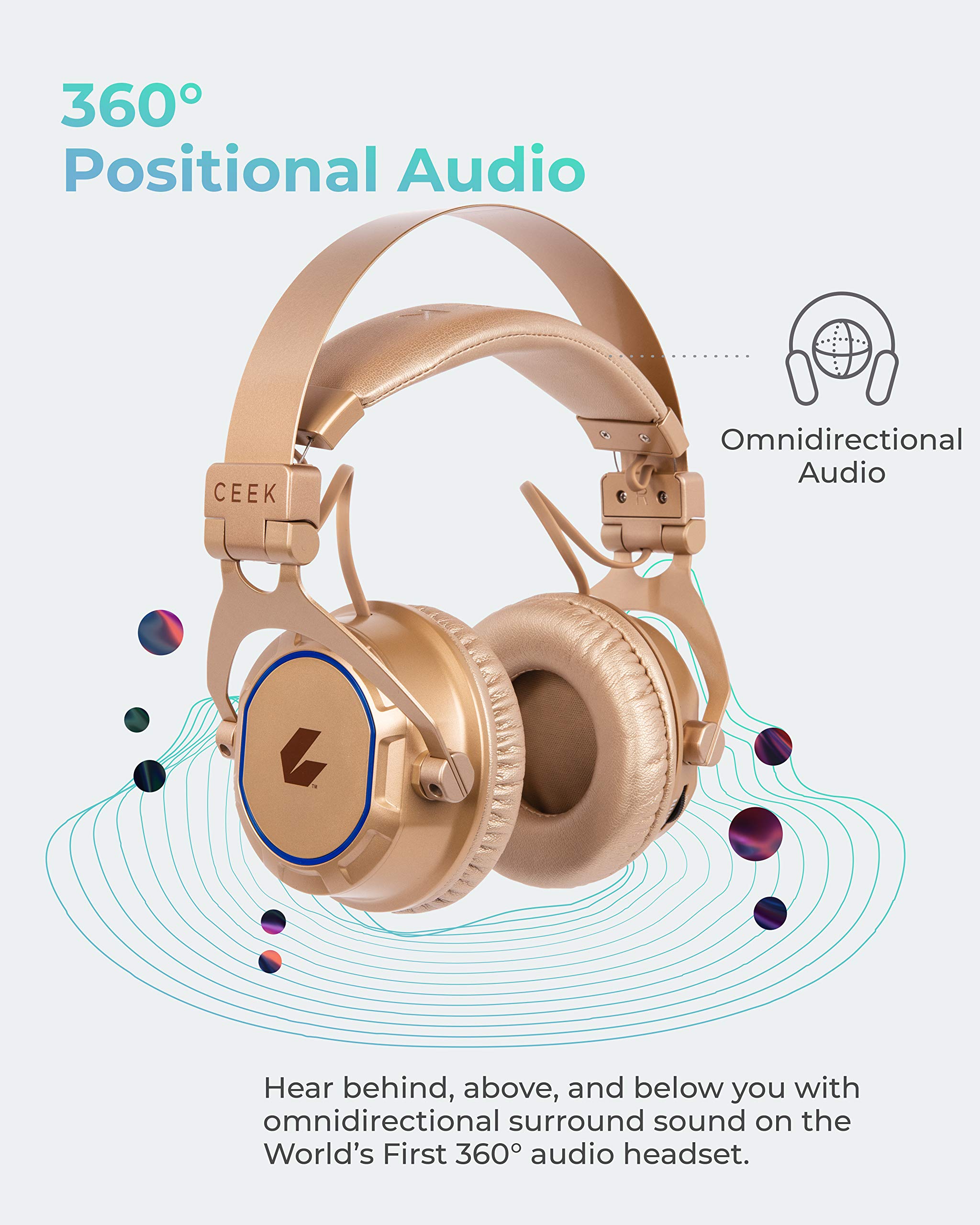 CEEK VR 360 Advanced Wireless Bluetooth Headphones with Noise Cancelling - Gold | Immersive Gaming & Virtual Reality Headset for PC, PS5, Xbox & Mobile Devices