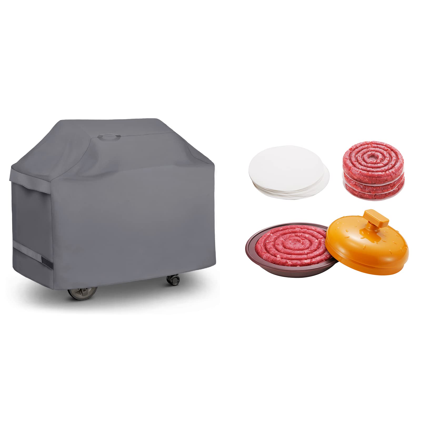 Unicook 50 Inch Heavy-Duty Grey BBQ Grill Cover & Stainless Steel Burger Press with Wax Papers - Outdoor Cooking Accessories for Backyard Grilling, Picnics, and Camping