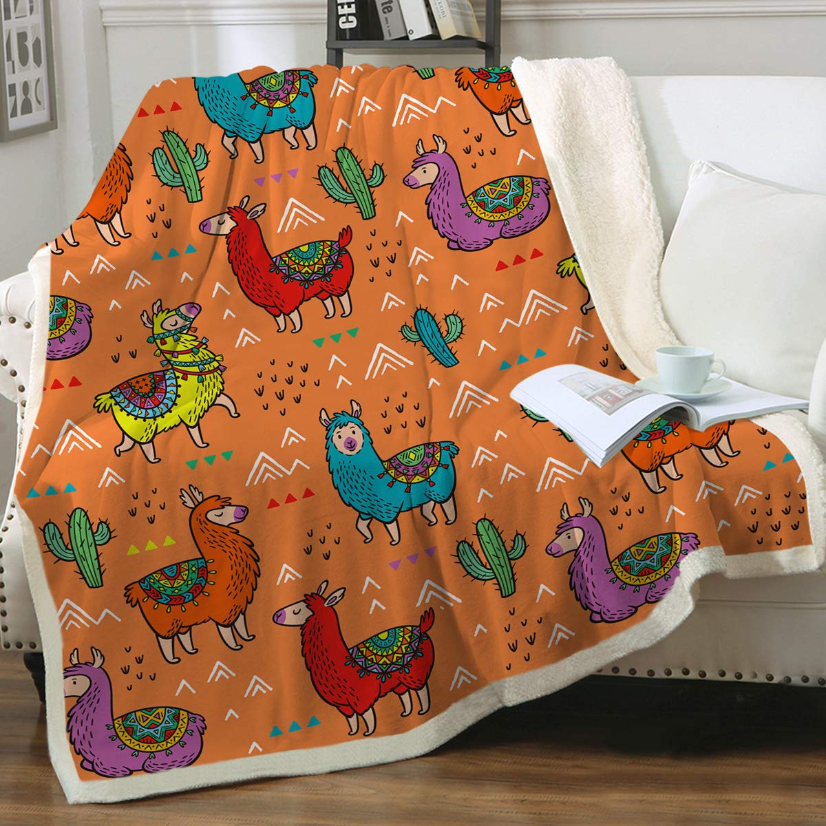 Sleepwish 3D Printed Sherpa Fleece Blanket - Colorful Llamas & Cactus Orange Design, Super Soft Fuzzy Plush Throw Blanket, Queen Size 90x90 Inches for Bed, Sofa & Cozy Home Decor