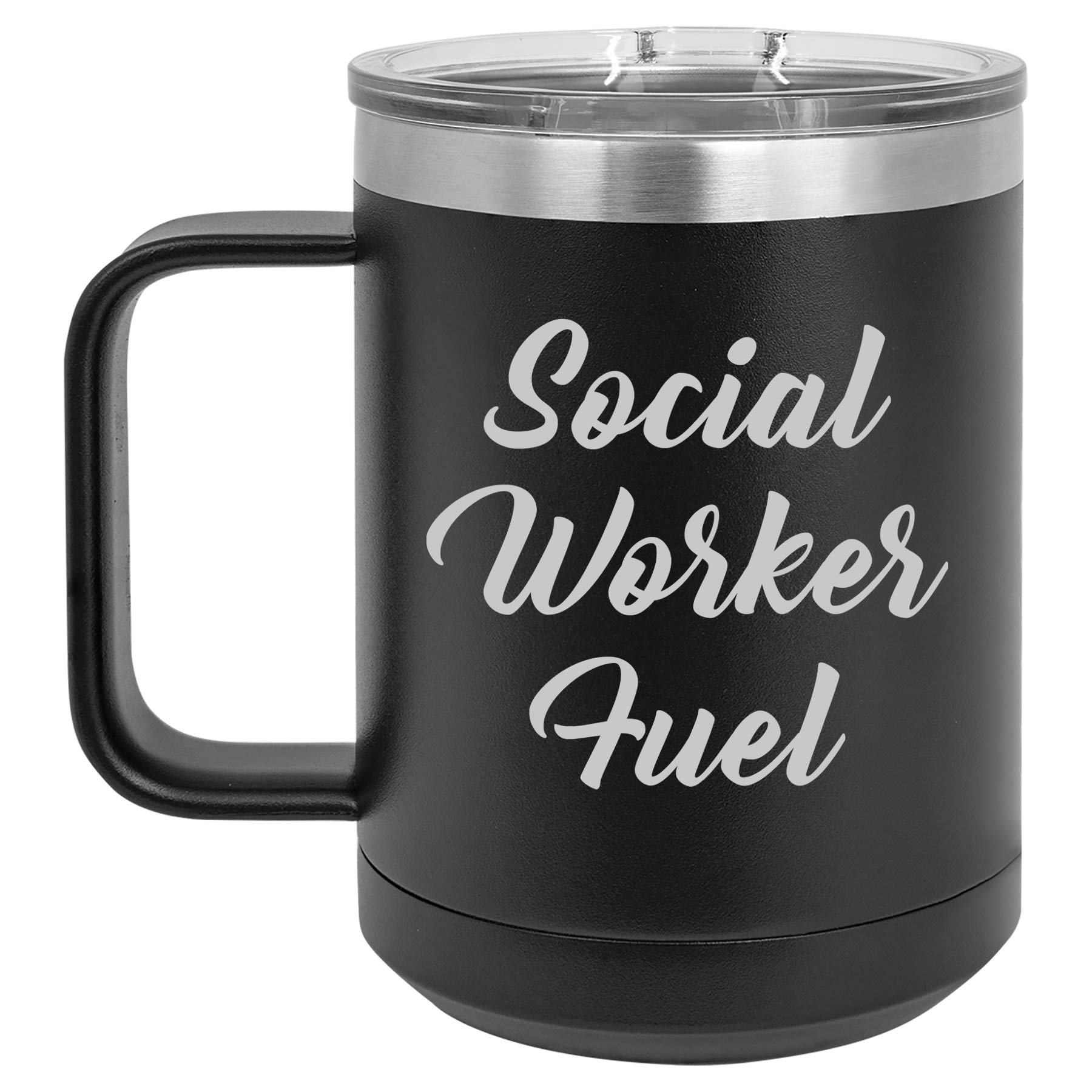 15 oz Vacuum Insulated Stainless Steel Tumbler with Handle & Lid - Leakproof Travel Coffee Mug for Social Workers, Office & Outdoor Use (Black)
