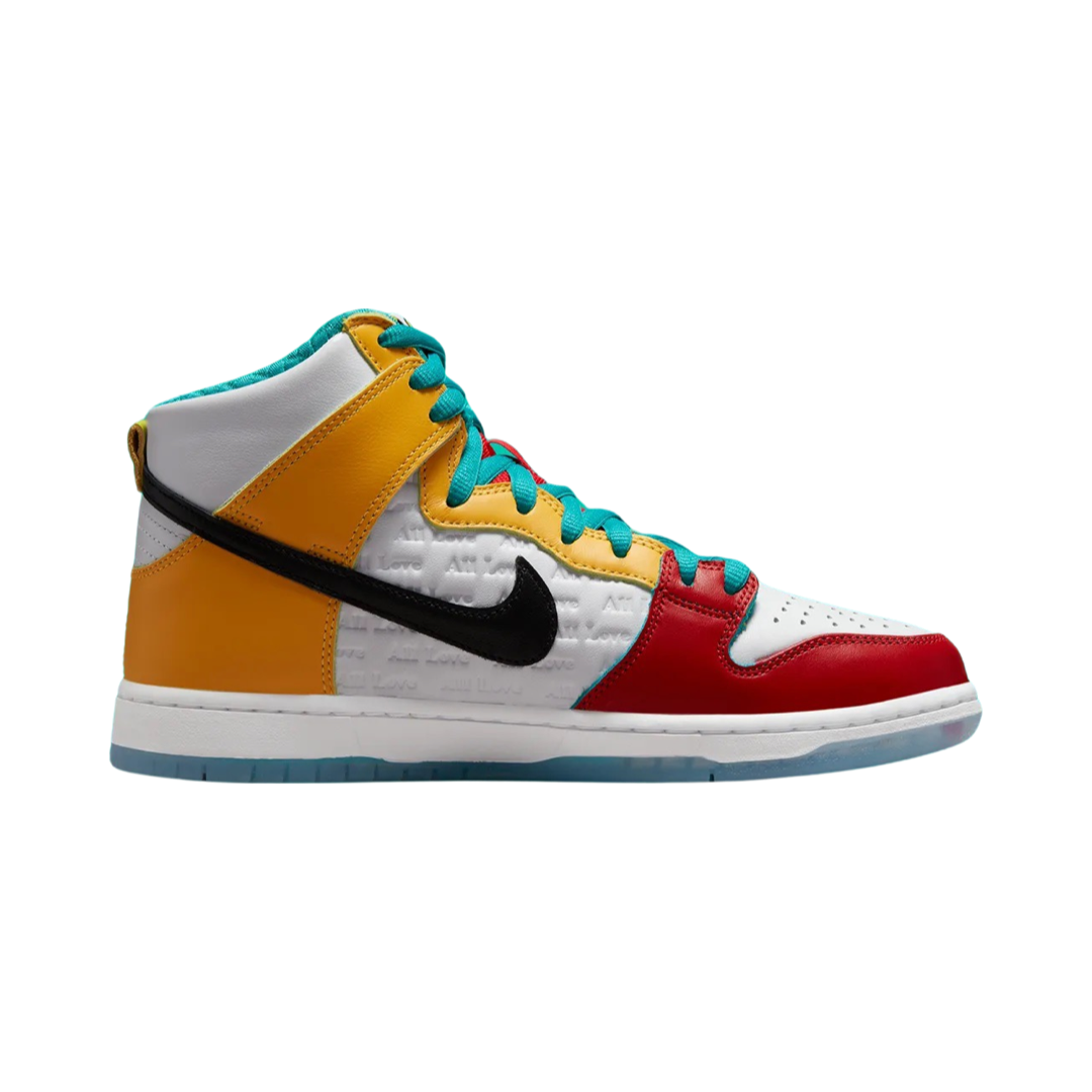 Nike SB Dunk Hi Pro x froSkate All Love Sneakers - White, Gold, Red Colorway | Skateboarding & Streetwear Fashion for Men & Women