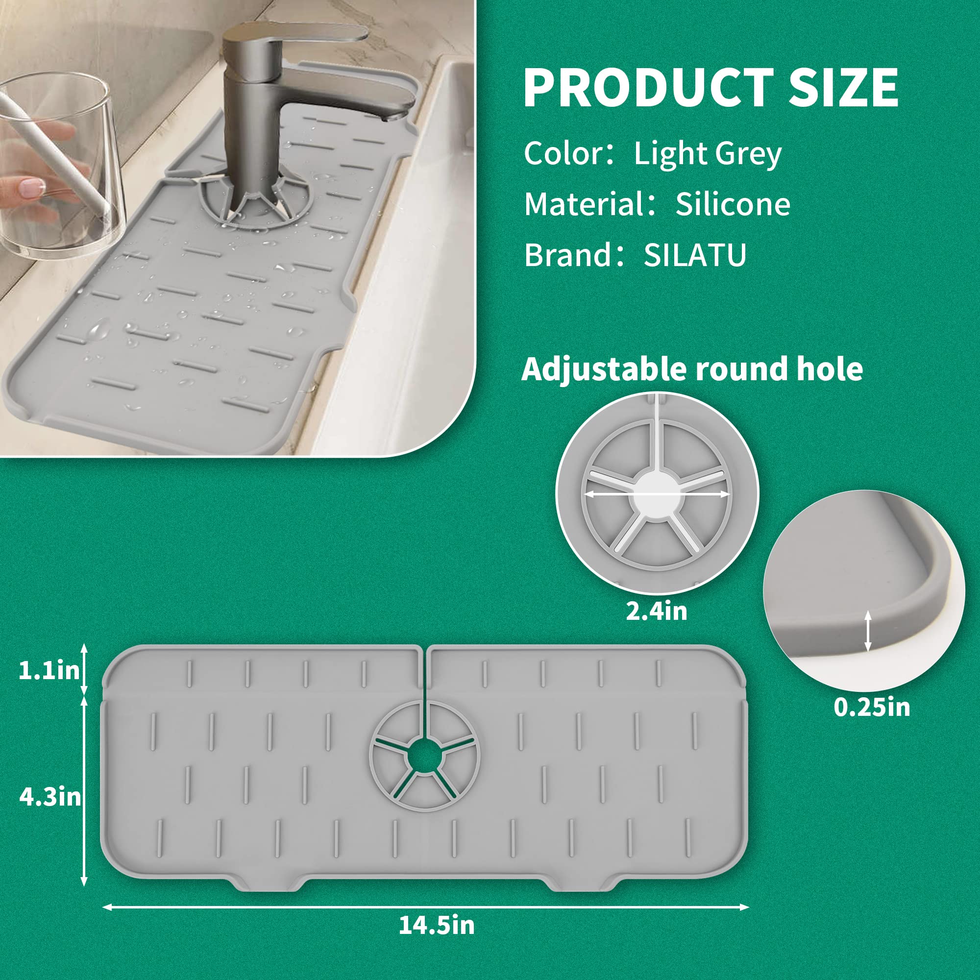 SILATU Silicone Faucet Mat 2-Pack - Non-Slip Kitchen Sink Splash Guard & Drip Catcher, Water Absorbent Drying Mat for Countertop Protection (Grey & Black) | Perfect for Kitchen & Bathroom Sink Areas to Prevent Water Spills & Stains