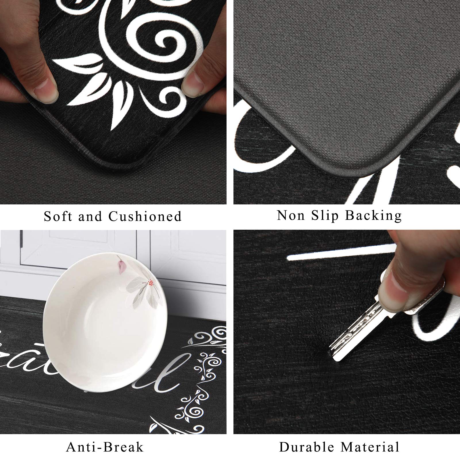 HEBE Anti-Fatigue Kitchen Mat Set of 2 - Non-Slip Cushioned Floor Mats for Standing - Waterproof Farmhouse Style Rugs for Sink, Office & Laundry - Comfortable Standing Desk Mat for Home & Workplace Use