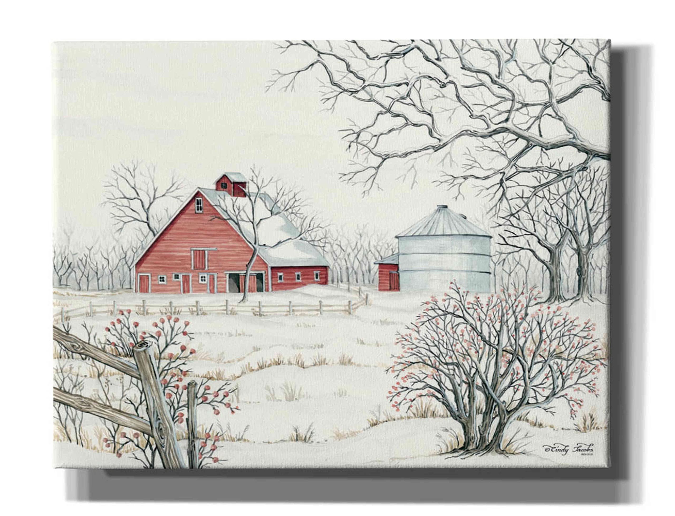 Epic Graffiti 'Winter Barn' by Cindy Jacobs - 34x26 Inch Canvas Wall Art Painting - Modern Home Decor for Living Room, Bedroom & Office