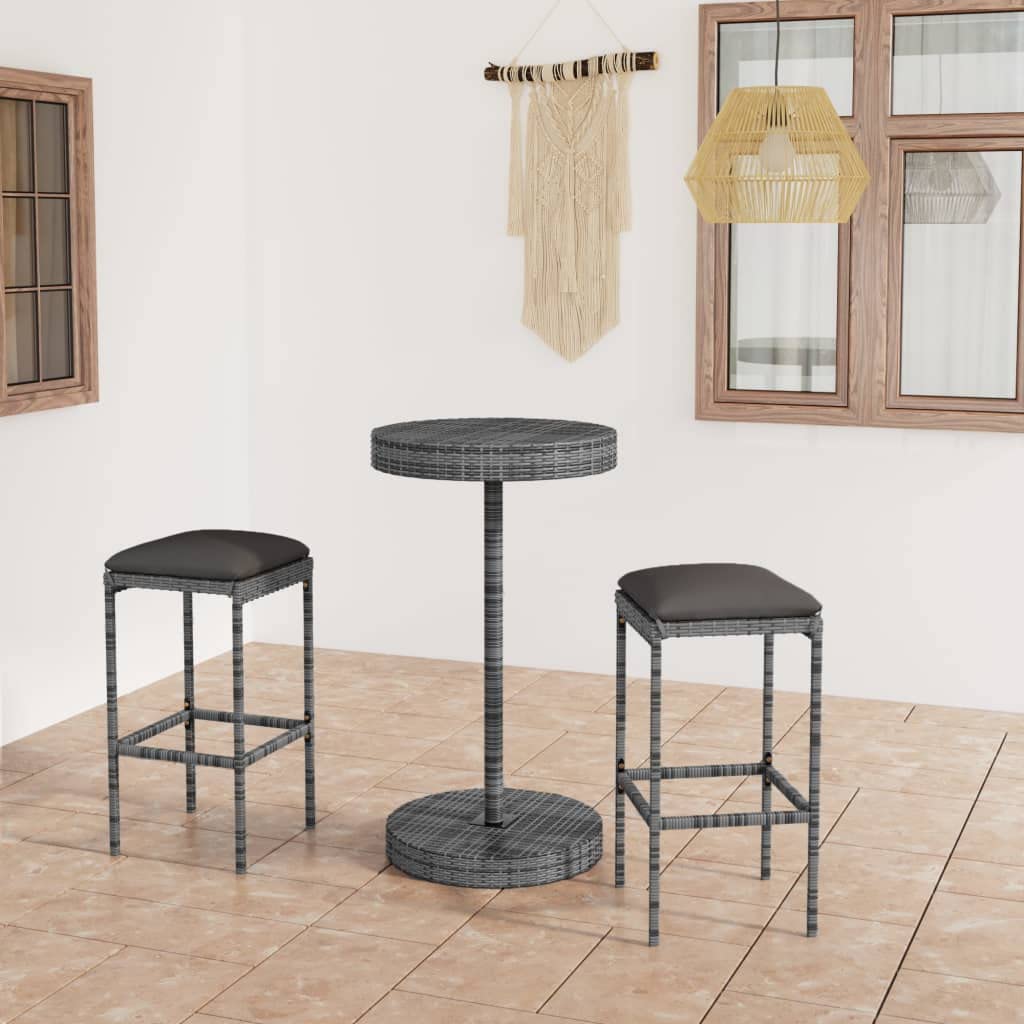 CHARMMA 3-Piece Outdoor Patio Bar Set with Weather-Resistant Gray Poly Rattan & Cushions - Perfect for Backyard, Deck, Poolside or Garden Relaxation