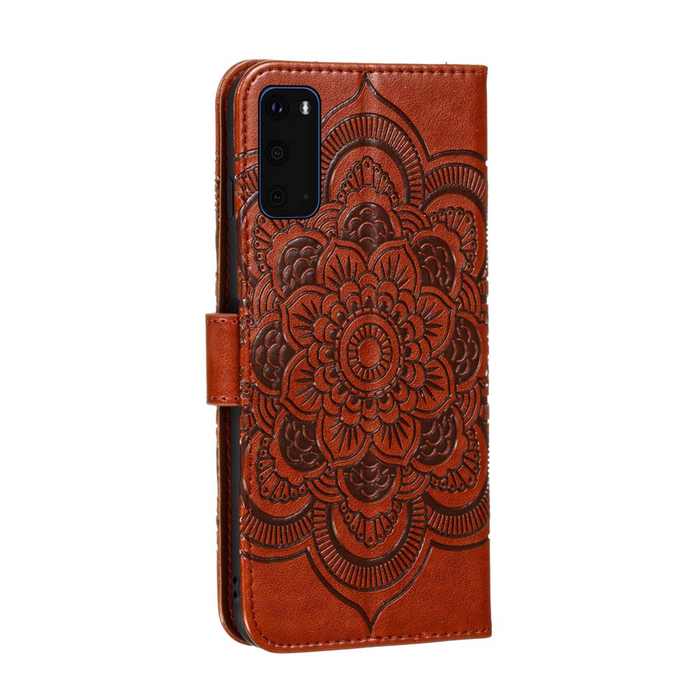 Premium PU Leather Mandala Embossed Flip Wallet Case for Samsung Galaxy S20 Plus - Shockproof Cover with Card Holder & Kickstand (Brown) - Perfect for Daily Use, Travel, and Business Meetings