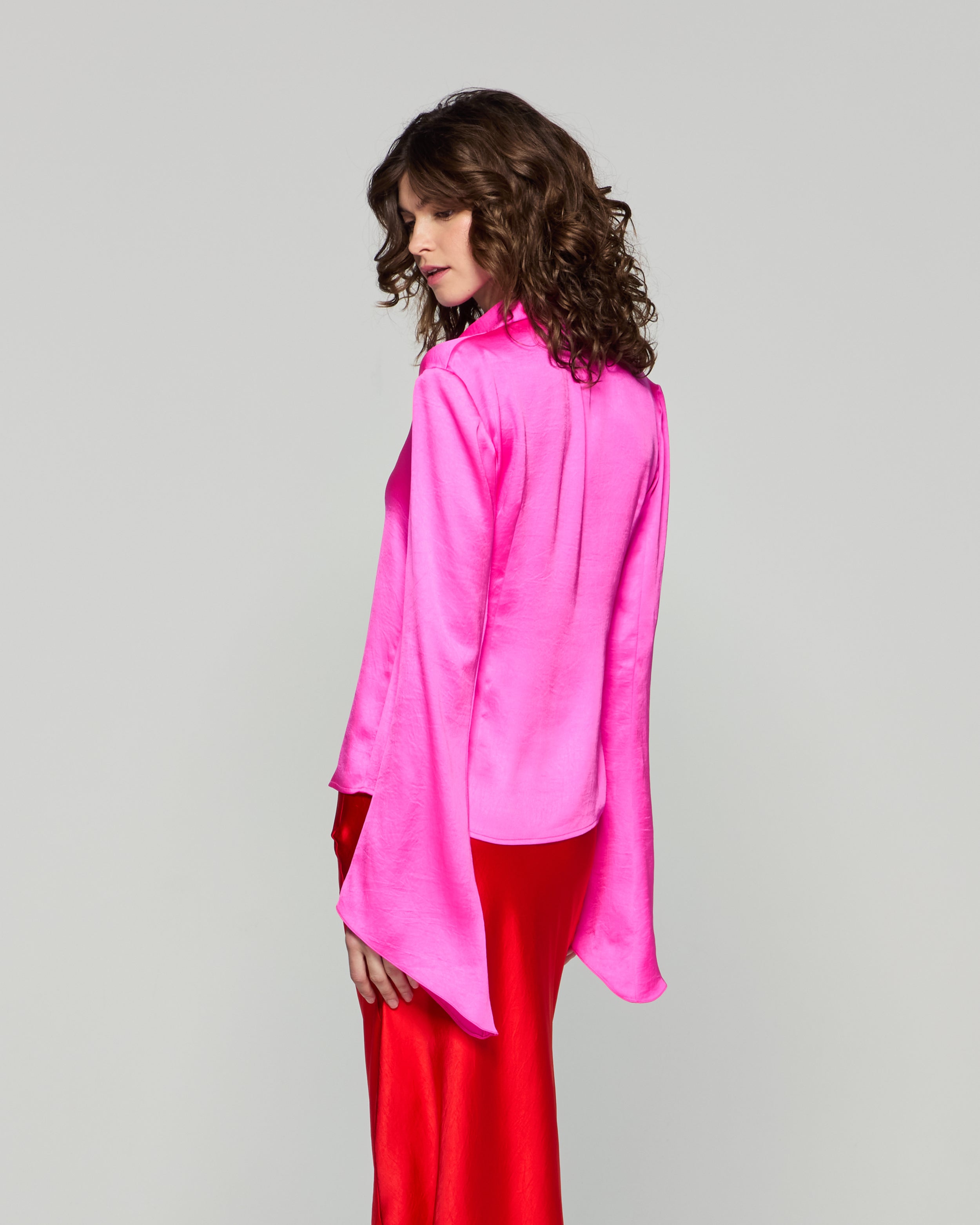 Flared Sleeve Blouse Women's Fashion Top - Bright Pink Long Sleeve Shirt for Casual Wear, Office Outfits & Date Night