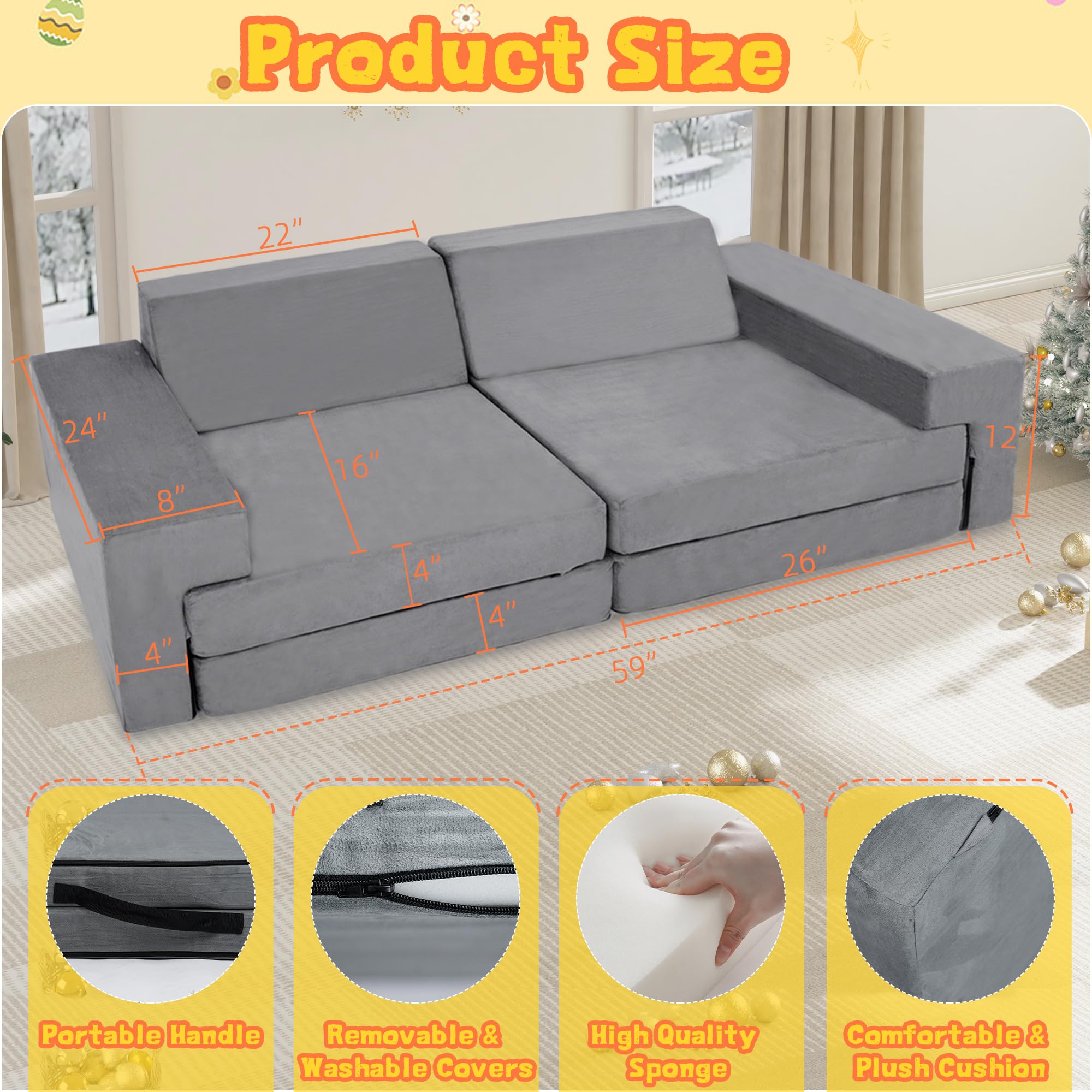 **Modular Kids Play Couch for Toddlers & Babies - Convertible Playroom & Bedroom Furniture - Imaginative Play Couch for Boys & Girls - Perfect Gift for Kids (Grey) - Ideal for Playtime, Reading & Relaxation**