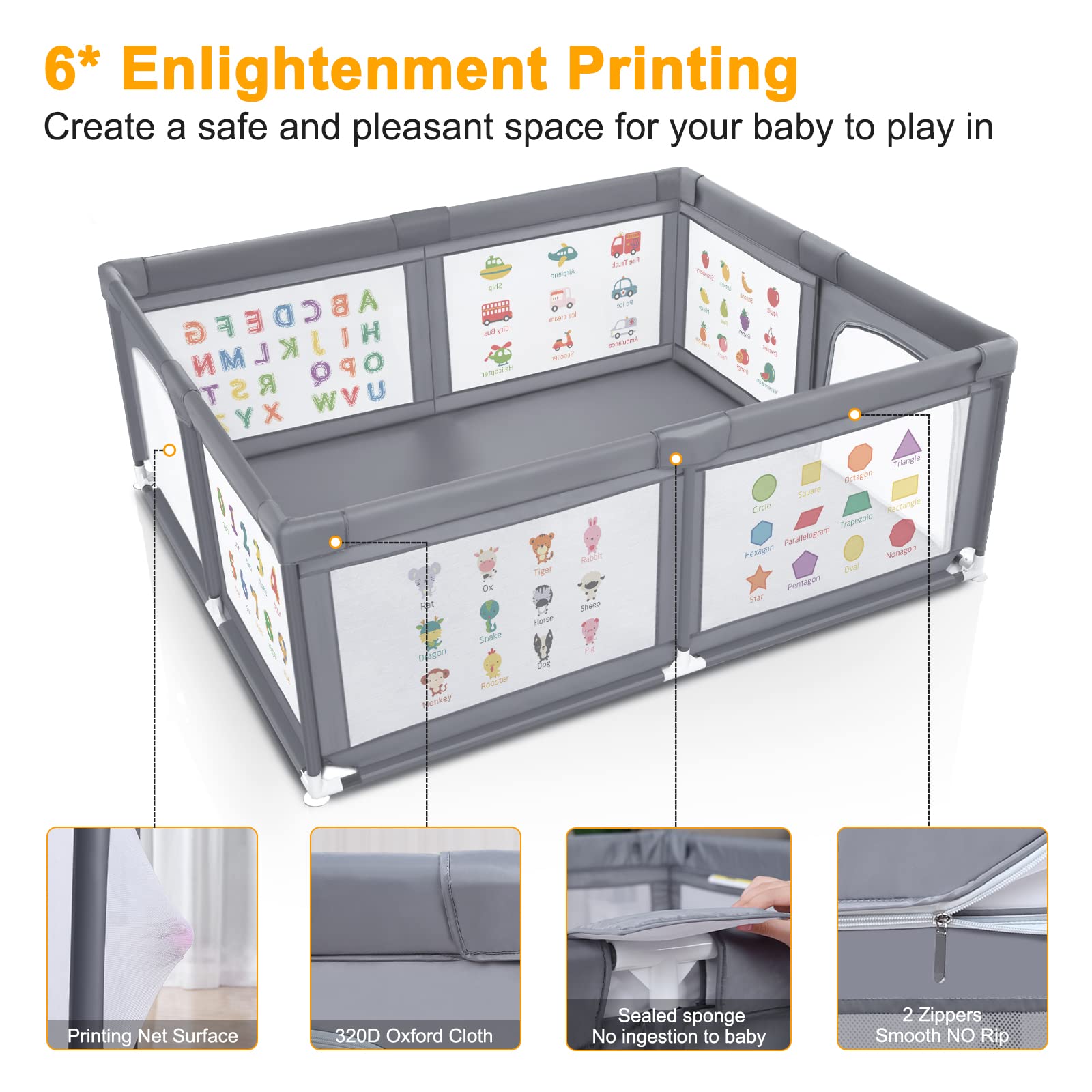 Premium Baby Playpen with Soft Mat - 71x60 Inches Extra Large Play Yard for Infants & Toddlers | Indoor & Outdoor Safety Playpen with Gate Prints | Perfect for Playtime, Nap Time & Travel