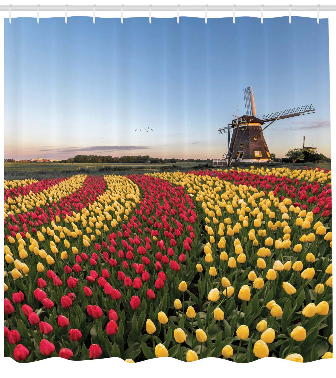 Ambesonne Amsterdam Tulip Windmill Shower Curtain - Spring Floral Bathroom Decor with Hooks, 69x70 Inch Waterproof Fabric for Home & Hotel Use