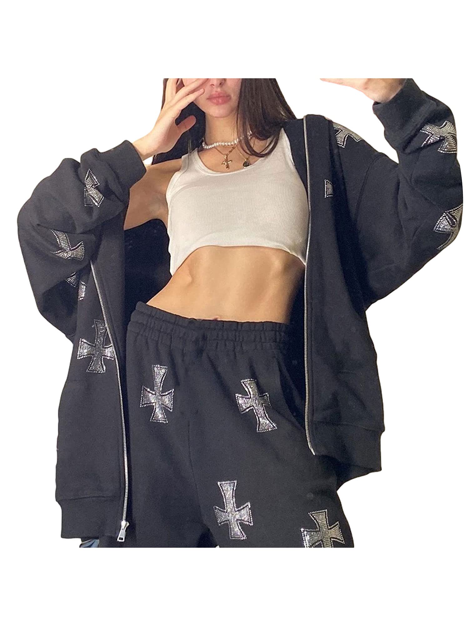 Y2K Full Zip Up Hoodie for Women - Oversized Goth Sweatshirt with Rhinestone Details | Long Sleeve Graphic Jacket for E-Girl Streetwear | Perfect for Casual Wear, Concerts & Night Out
