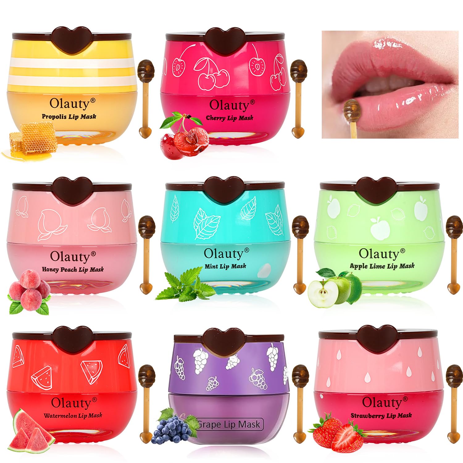 8 PCS Bee Lip Balm Honey Pot Set - Honey, Strawberry, Watermelon, Apple Lime, Cherry, Mint, Grapes & Peach Flavors - Hydrating Lip Mask for Dry & Cracked Lips - Perfect for Overnight Care, Daily Moisturizing & Lip Scrub Treatment