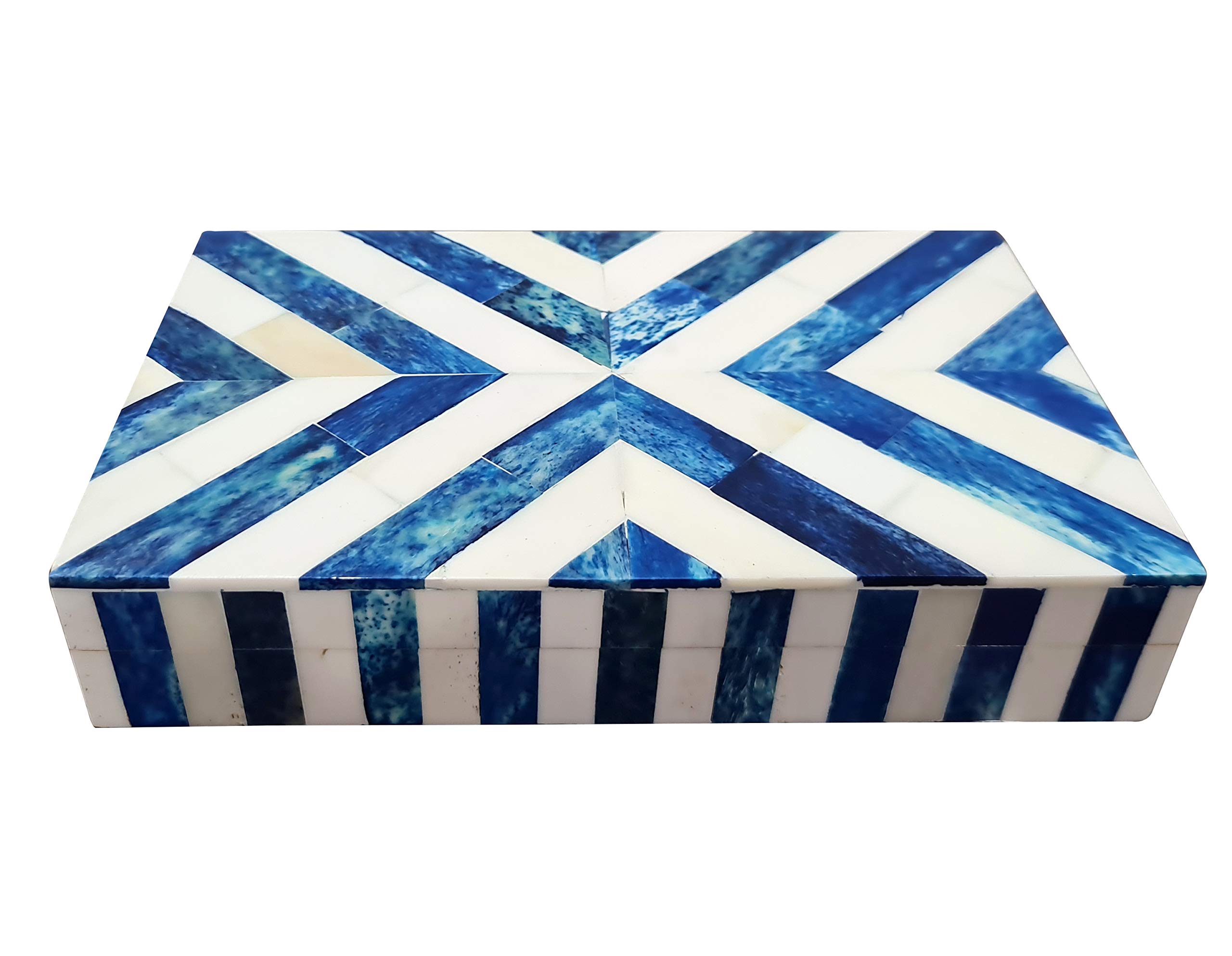 Handcrafted Blue & White Chevron Bone Inlay Jewelry Box - Decorative Keepsake Storage Organizer for Rings, Necklaces & Valuables | Perfect for Home Décor, Gift Giving & Travel Jewelry Case