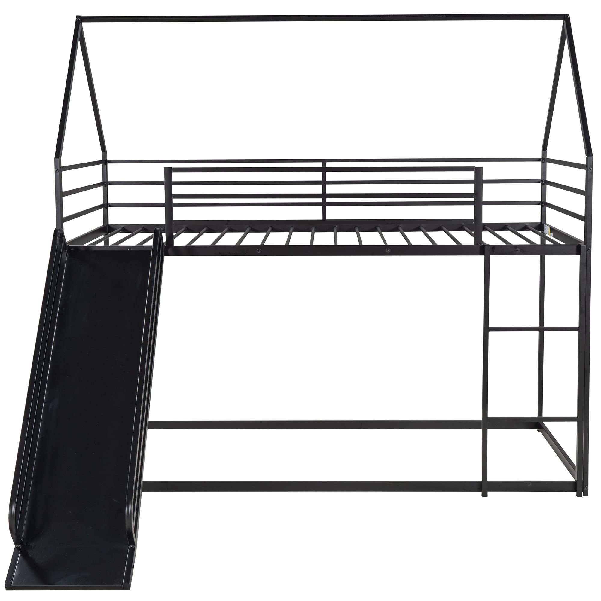 Metal Twin Over Twin Bunk Beds with Slide - Low Profile Kids Bunk Bed for Boys & Girls - Sturdy Black House Frame - Perfect for Small Bedrooms, Playrooms & Sleepovers