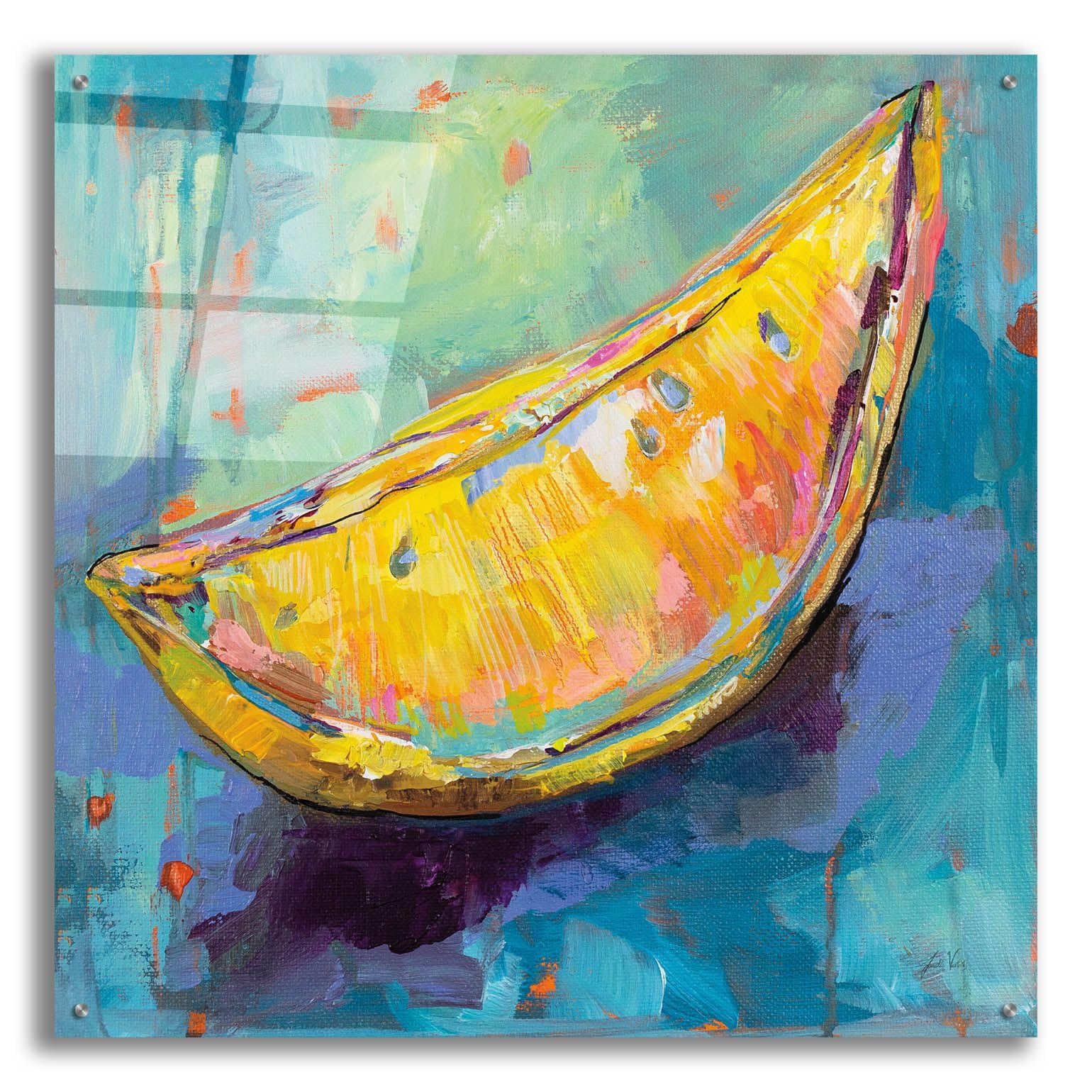 Epic Art 'Lemon Wedge' by Jeanette Vertentes - 36x36 Inch Acrylic Glass Wall Decor - Modern Kitchen & Dining Room Artwork - Vibrant Fruit Painting for Contemporary Home Decor