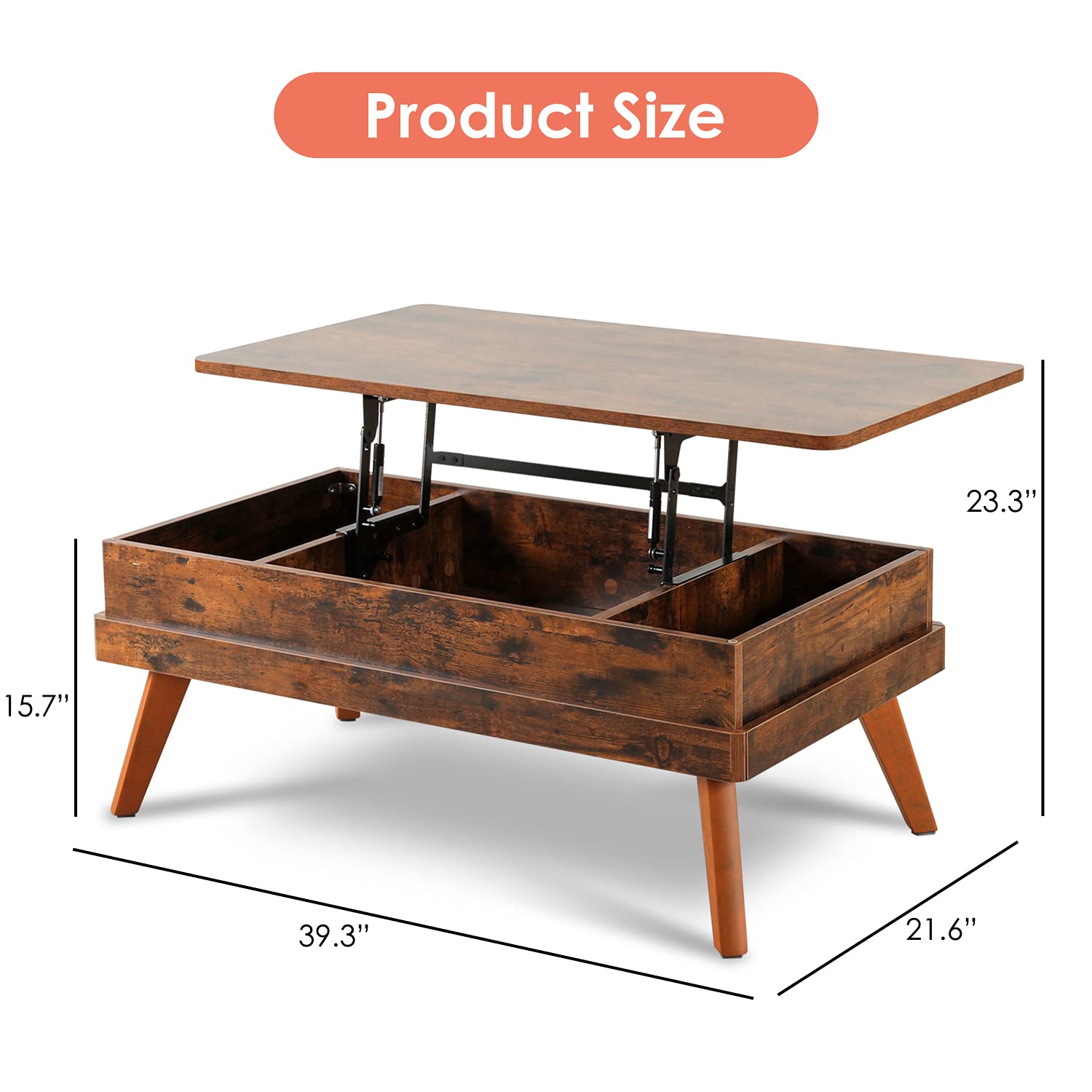Lift Top Coffee Table with Hidden Storage - Easy to Assemble Industrial Style Center Table for Living Room, Home Office & Reception - Rustic Brown Finish | Perfect for Small Spaces, Entertaining & Multi-Functional Use