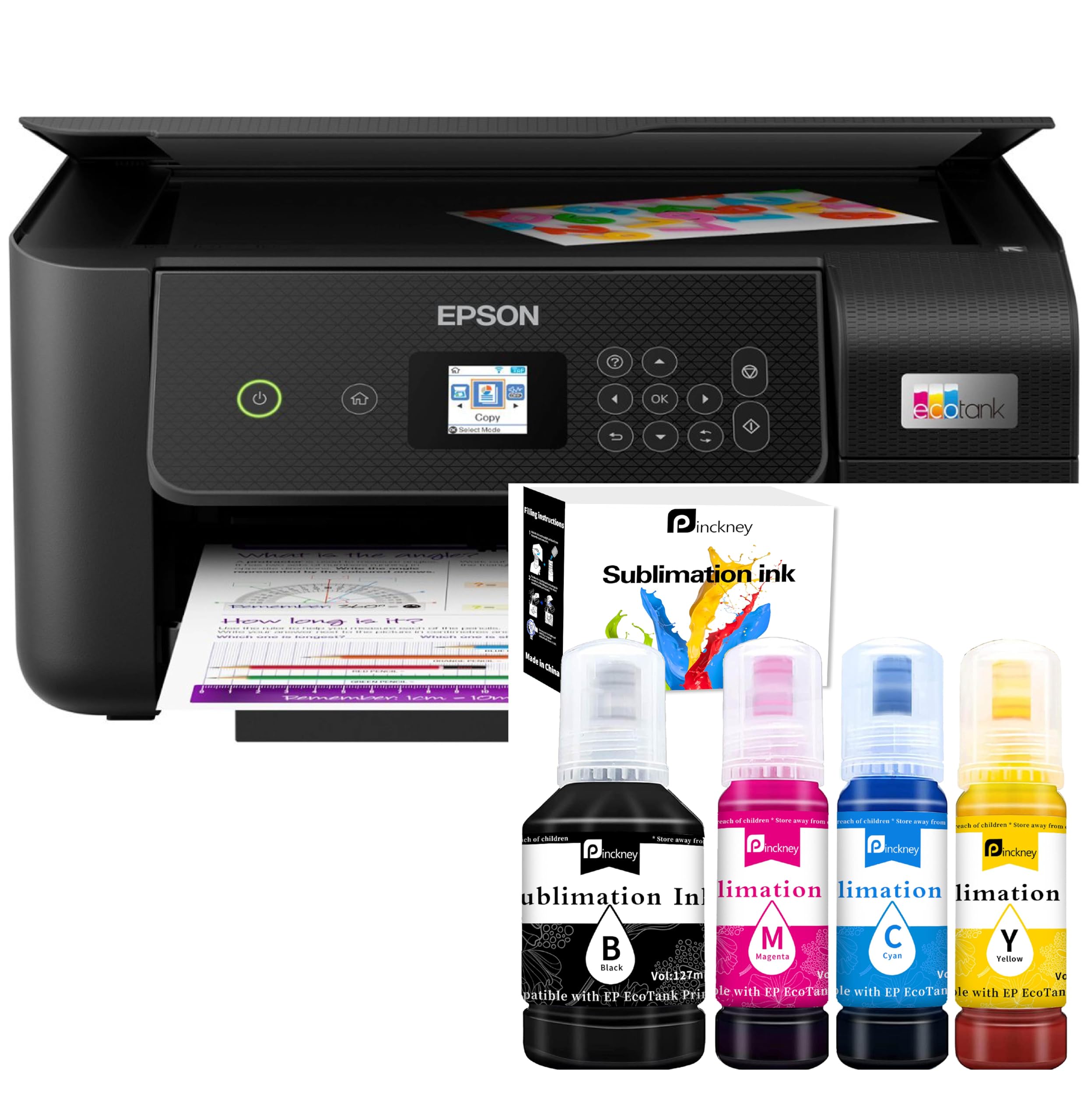 Pinckney Cartridge-Free Super-Tank Printer with Sublimation Ink Bundle - Ideal for Heat Transfer Printing, DIY T-Shirts & Custom Gifts | Built-in Scanner & Copier, Easy-Fill Ink System (Black)
